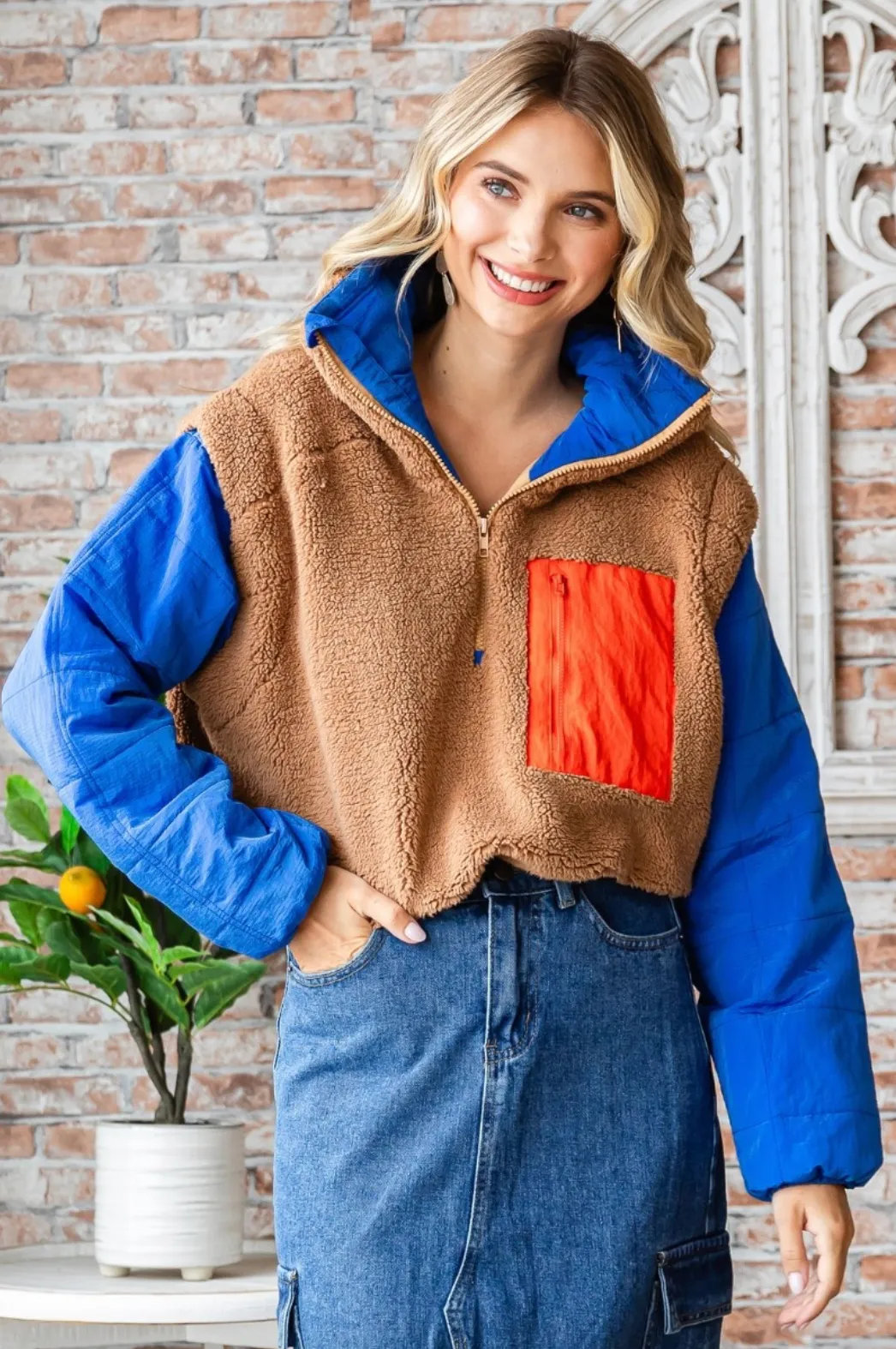 Fleece with Quilted Puffer Sleeve Pullover