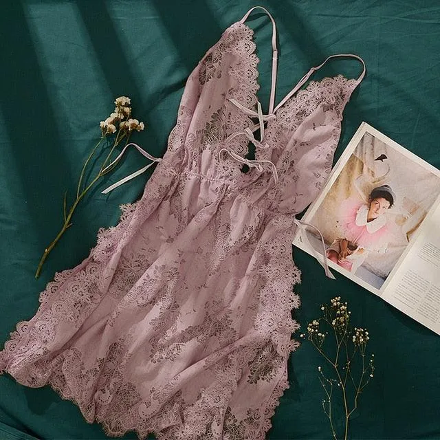 Floral Hollowed Out Lace Slip, Nightgown Sleepwear Lingerie Dress, Spaghetti Strap Lace Slip with Thongs