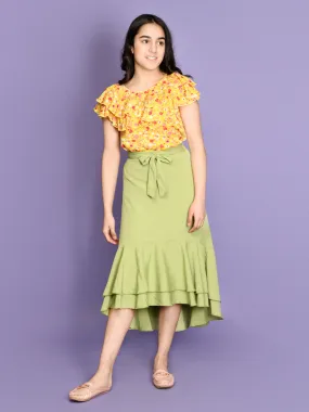 Floral Yellow Layered Top with Green Asymmetrical Skirt Set