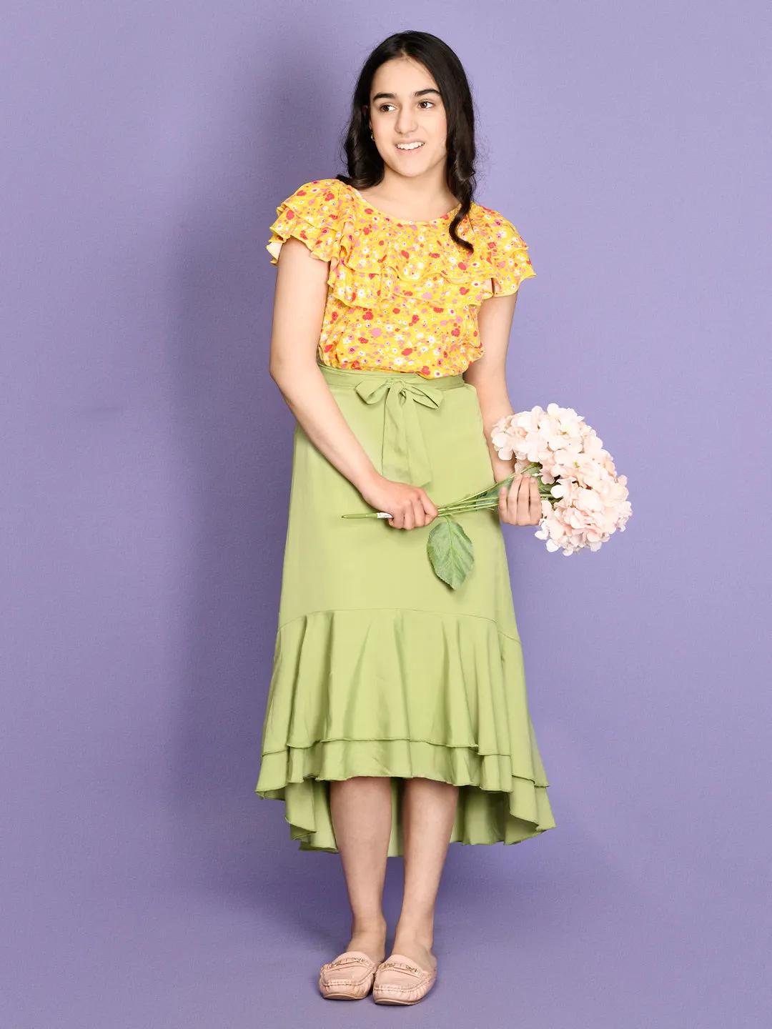 Floral Yellow Layered Top with Green Asymmetrical Skirt Set