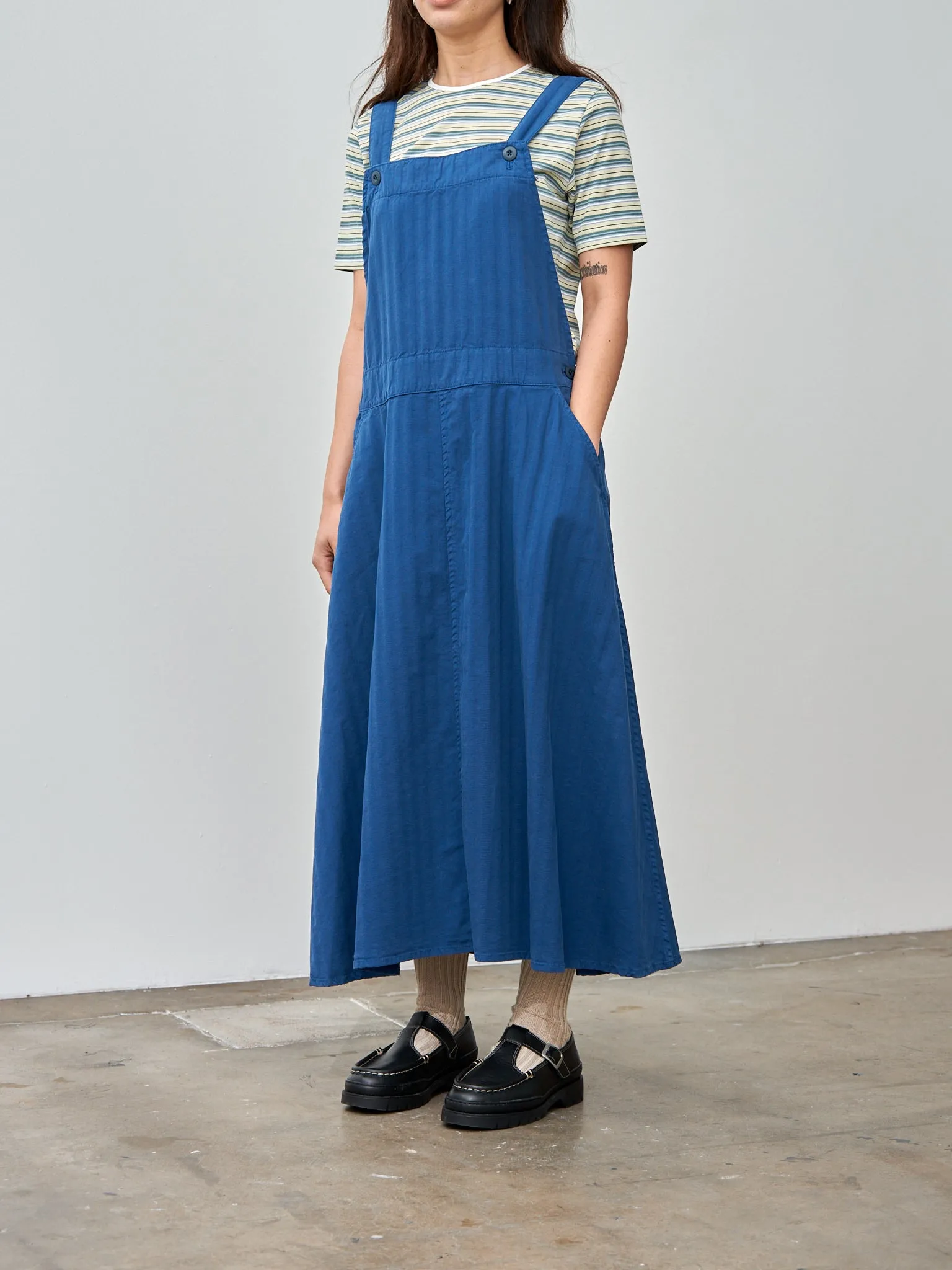 Garment Dyed Wide Herringbone Bib Overall Dress - Royal