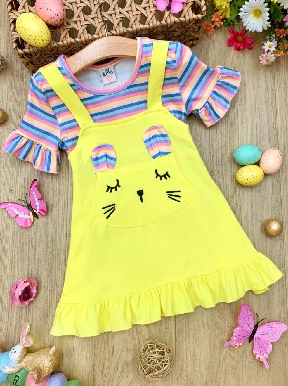 Girls Bunny Ears Top and Overall Dress Set