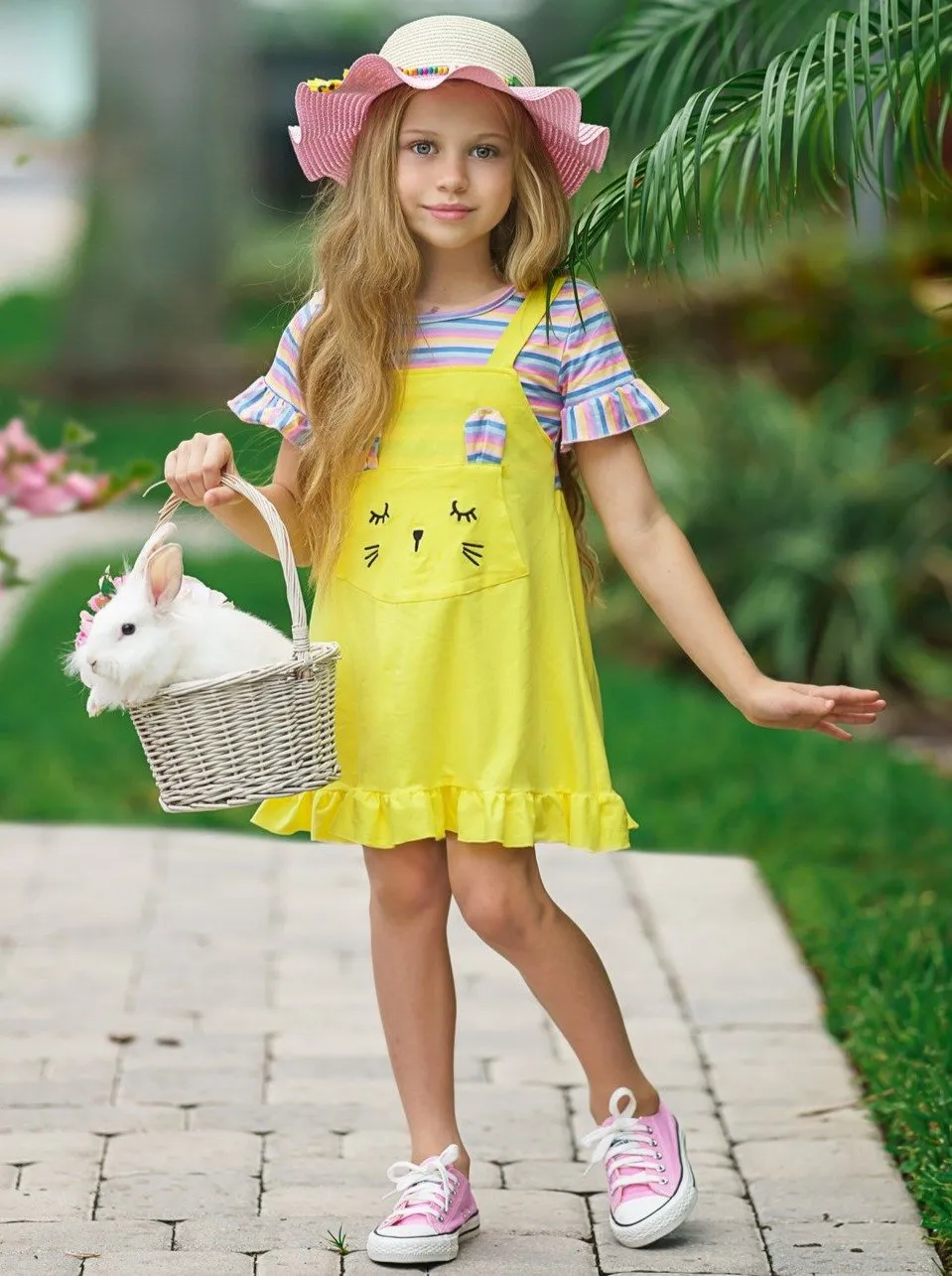 Girls Bunny Ears Top and Overall Dress Set