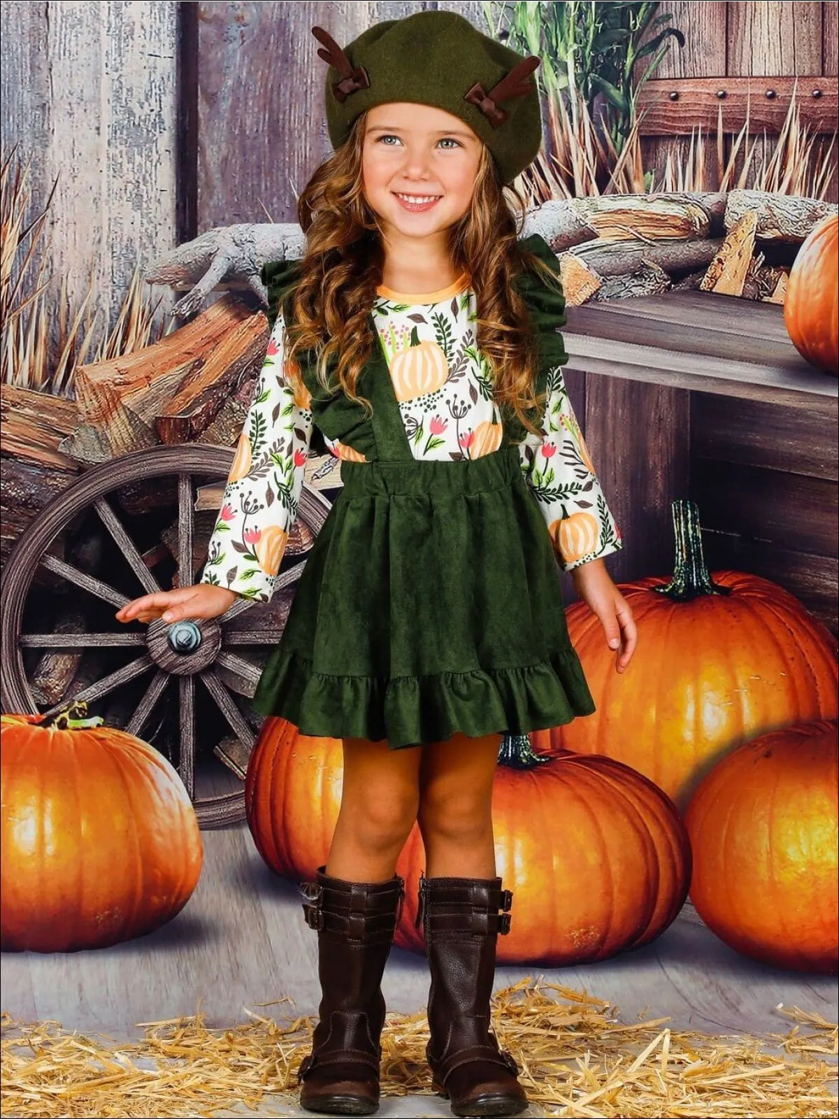 Girls Pumpkin Sleeve Top and Ruffled Overall Dress Set