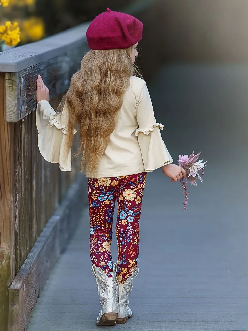 Girls "Happy Fall Ya'll" Floral Reindeer Print Bell Sleeve Top & Floral Leggings Set