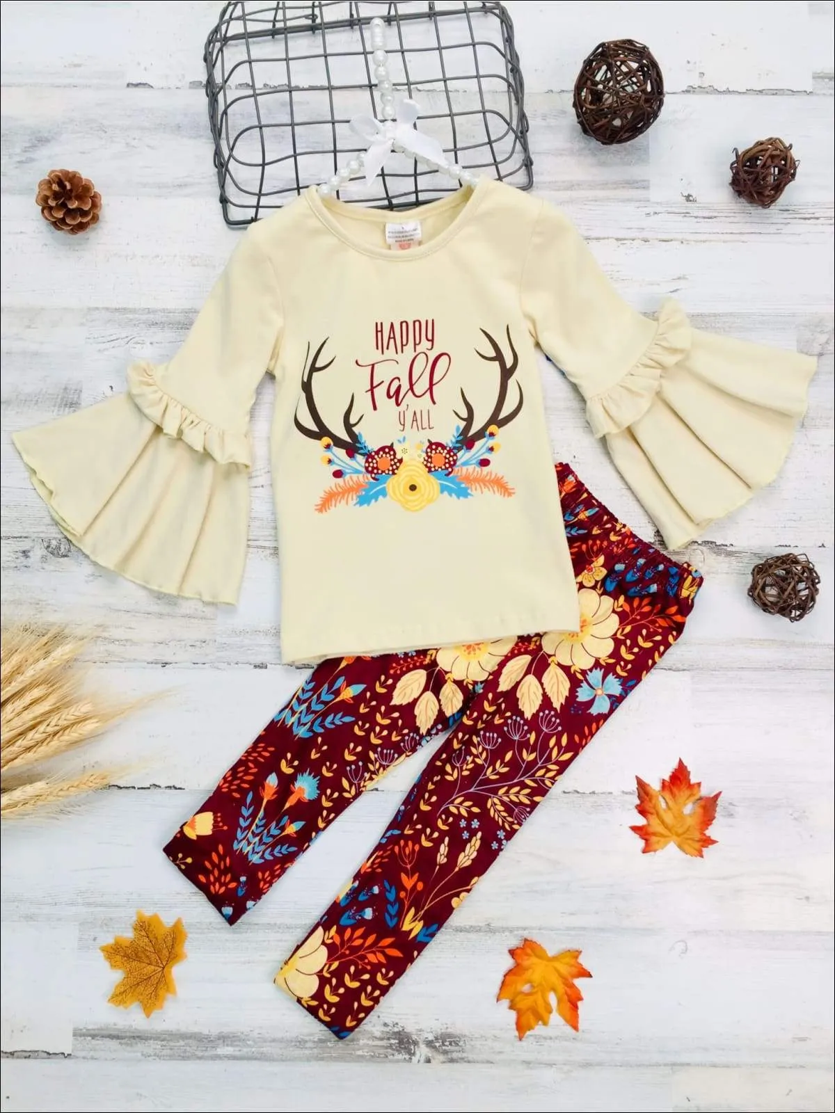 Girls "Happy Fall Ya'll" Floral Reindeer Print Bell Sleeve Top & Floral Leggings Set