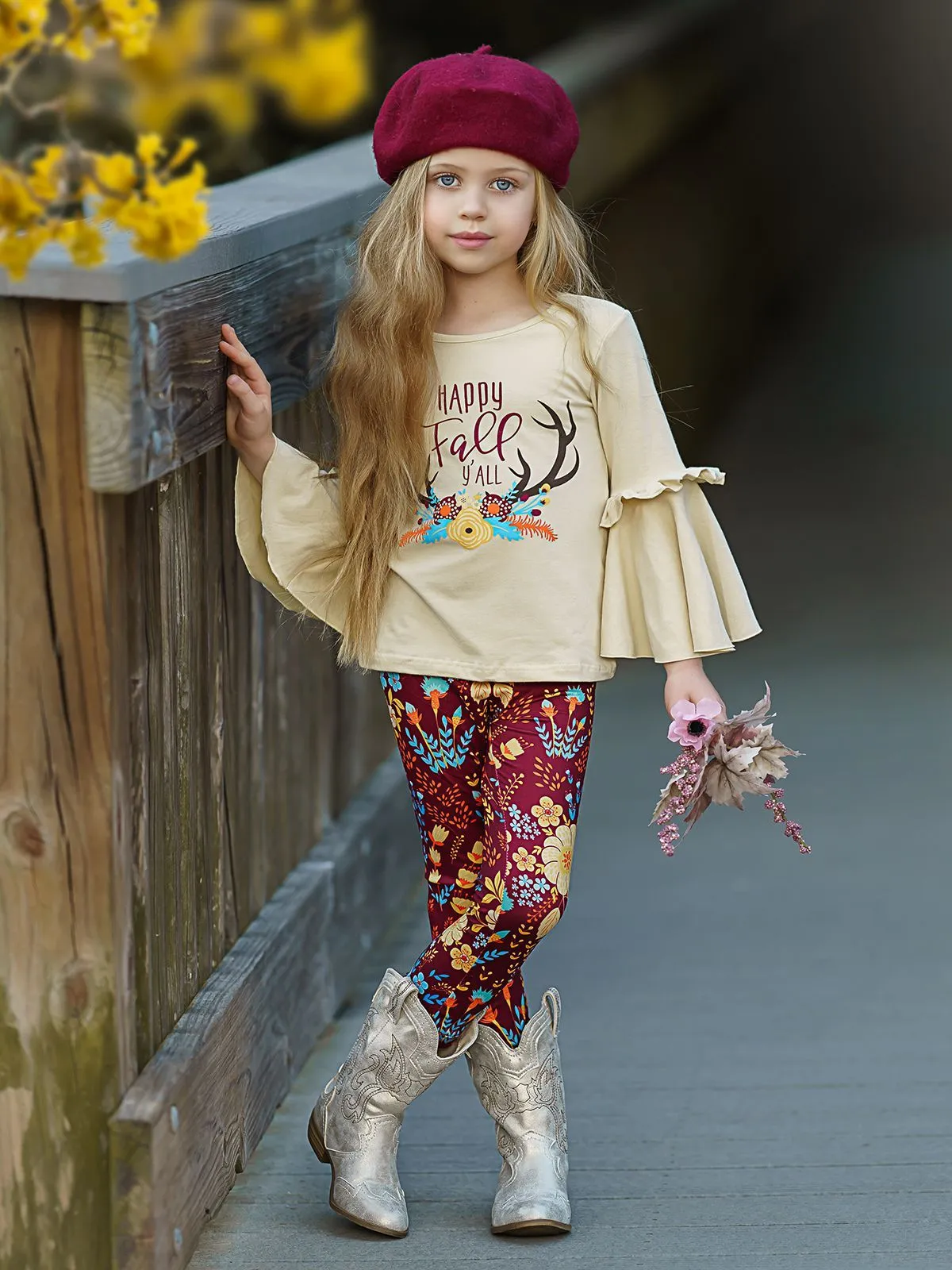 Girls "Happy Fall Ya'll" Floral Reindeer Print Bell Sleeve Top & Floral Leggings Set