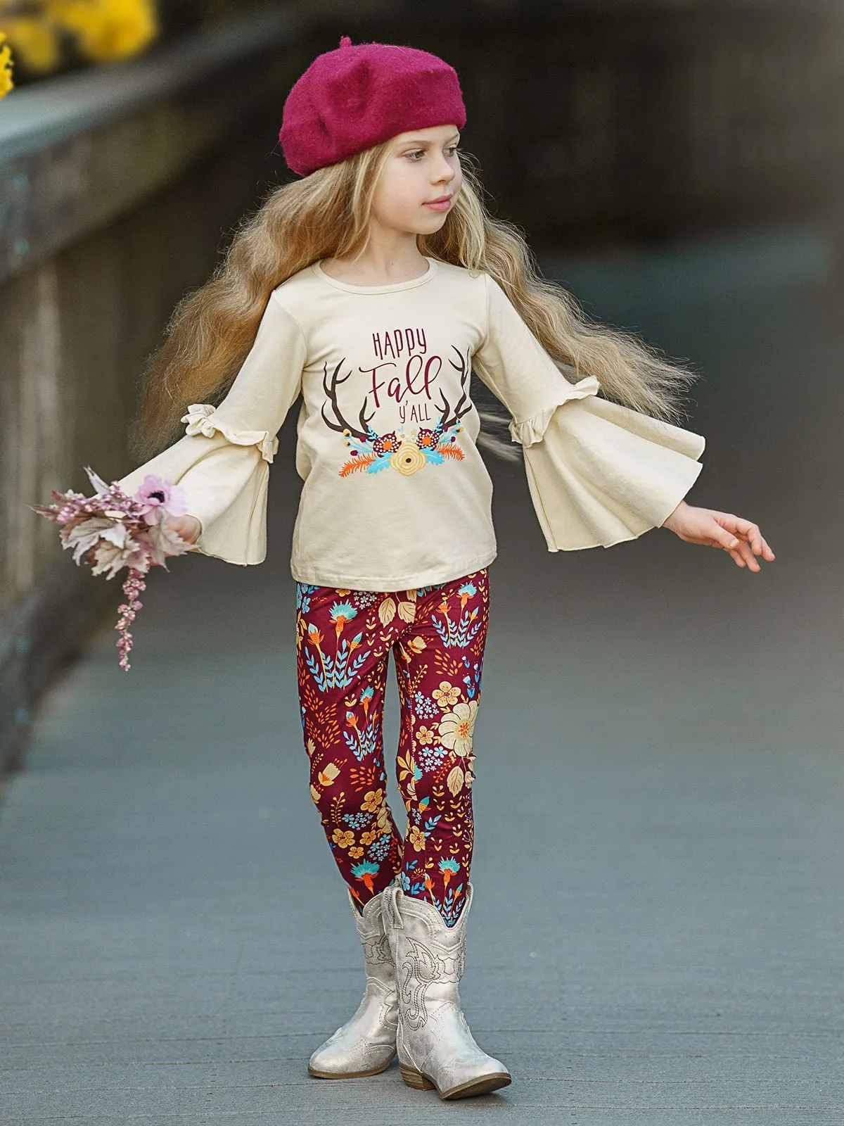 Girls "Happy Fall Ya'll" Floral Reindeer Print Bell Sleeve Top & Floral Leggings Set