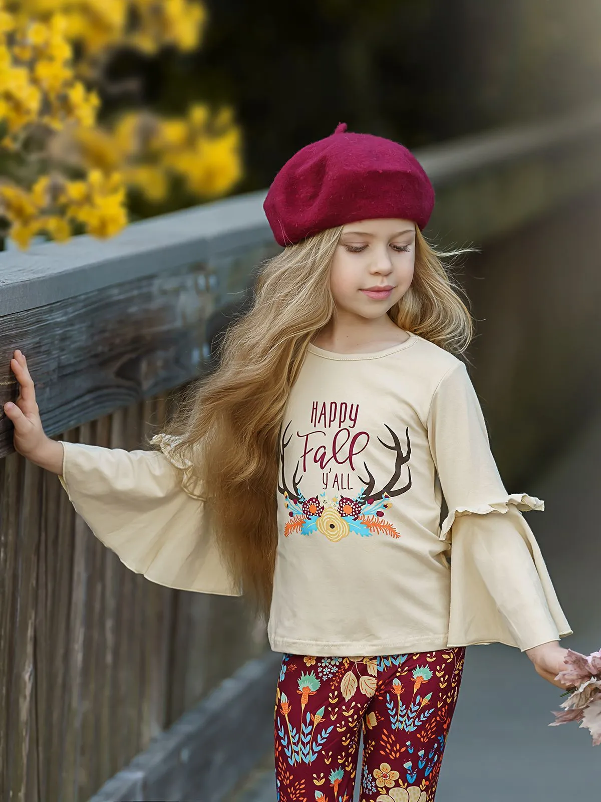 Girls "Happy Fall Ya'll" Floral Reindeer Print Bell Sleeve Top & Floral Leggings Set