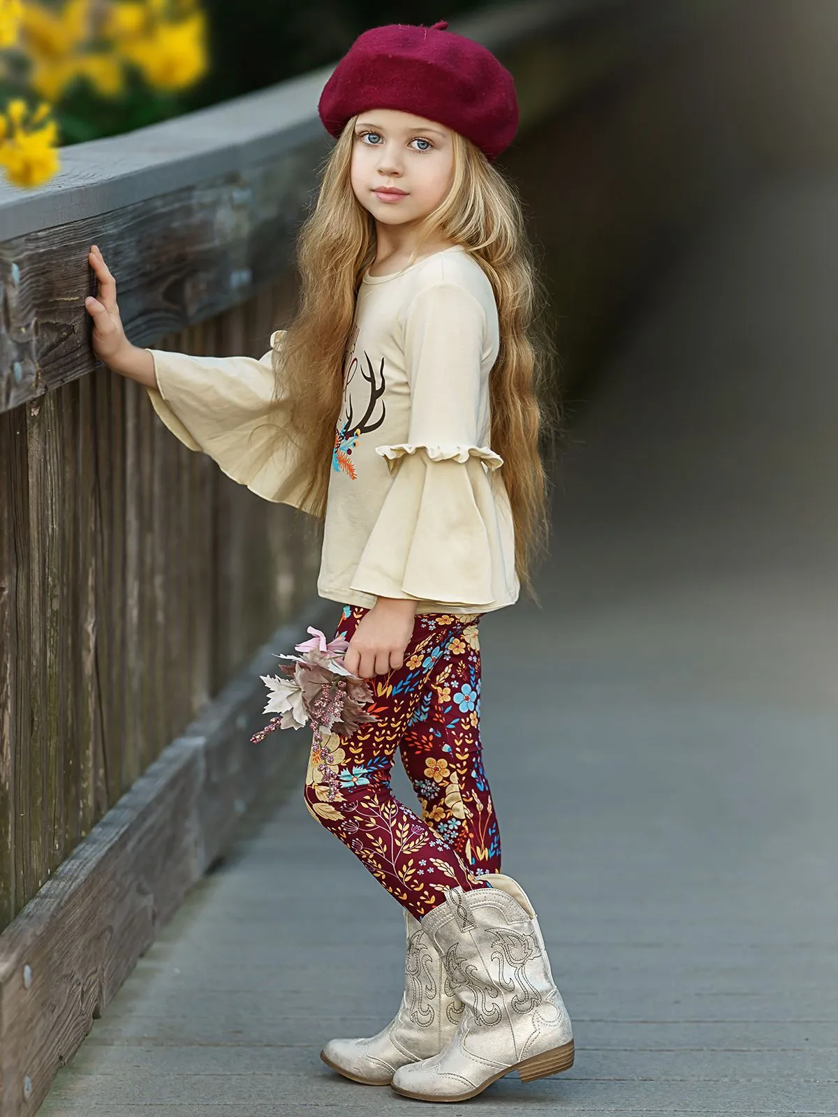 Girls "Happy Fall Ya'll" Floral Reindeer Print Bell Sleeve Top & Floral Leggings Set