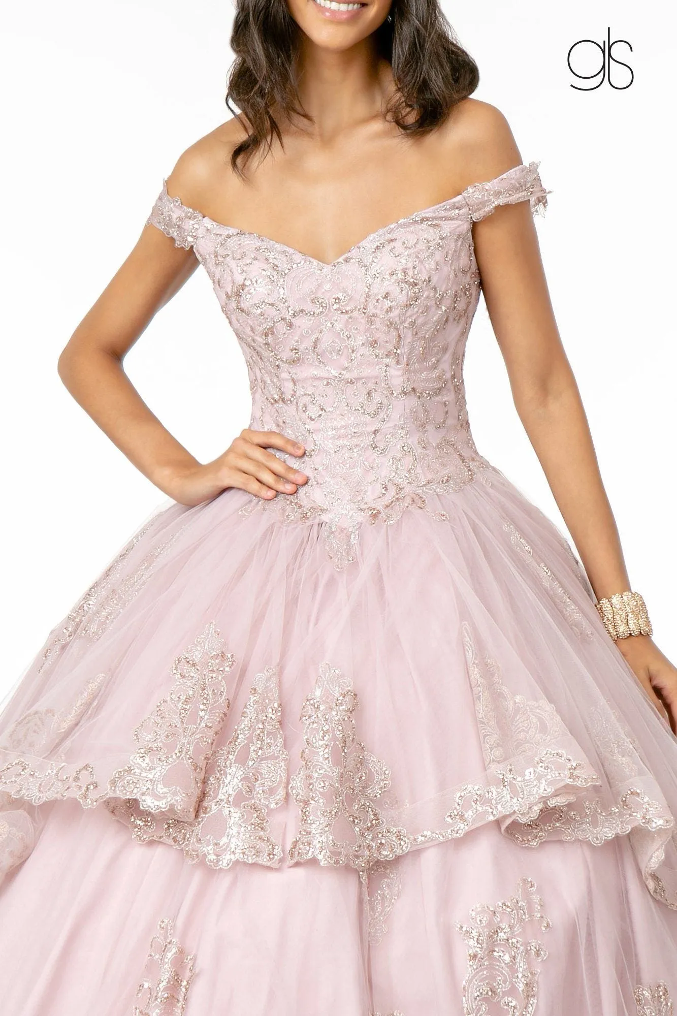 Glitter Applique Off Shoulder Ball Gown by Elizabeth K GL1819