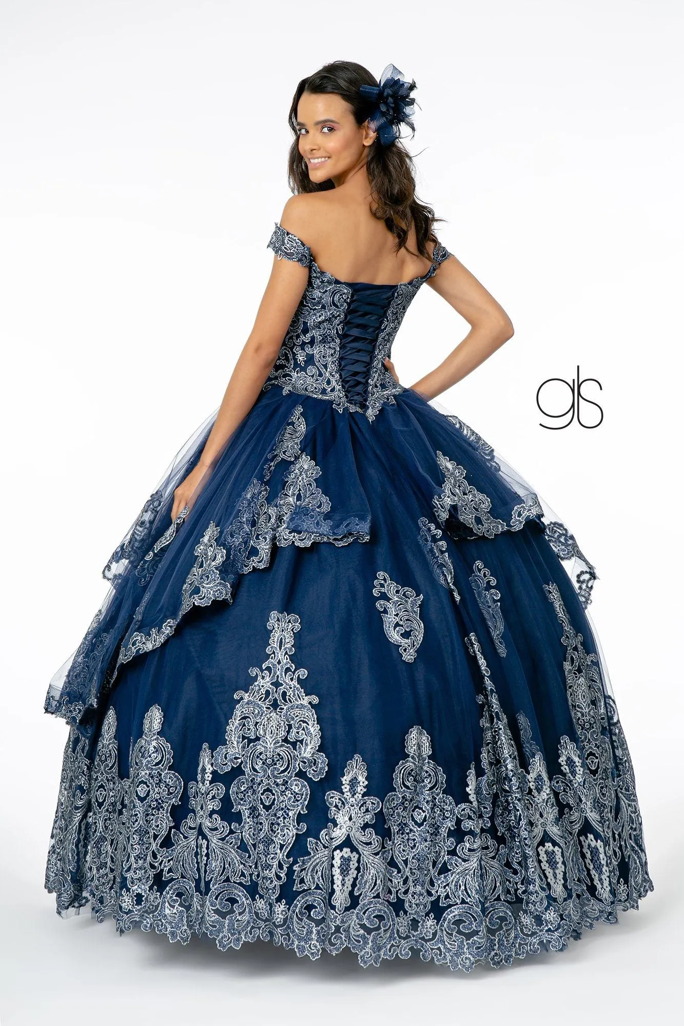 Glitter Applique Off Shoulder Ball Gown by Elizabeth K GL1819