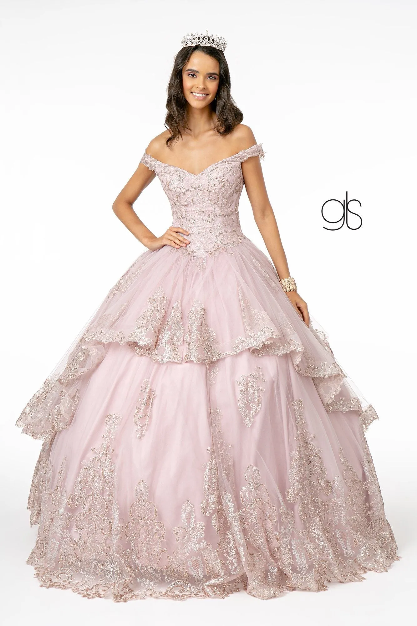 Glitter Applique Off Shoulder Ball Gown by Elizabeth K GL1819