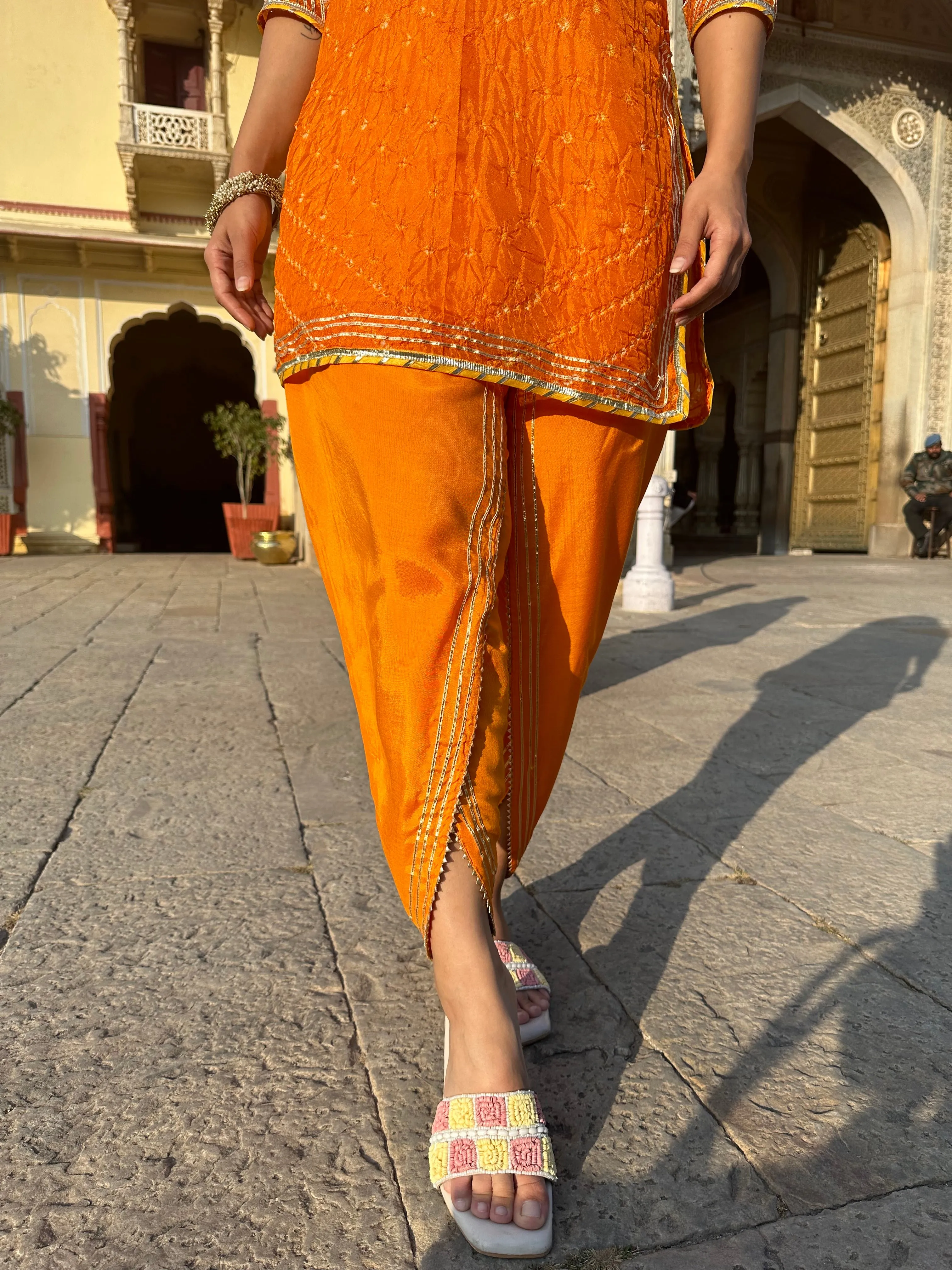 GOTA BANDHEJ MERIGOLD KURTA AND TULIP PANT