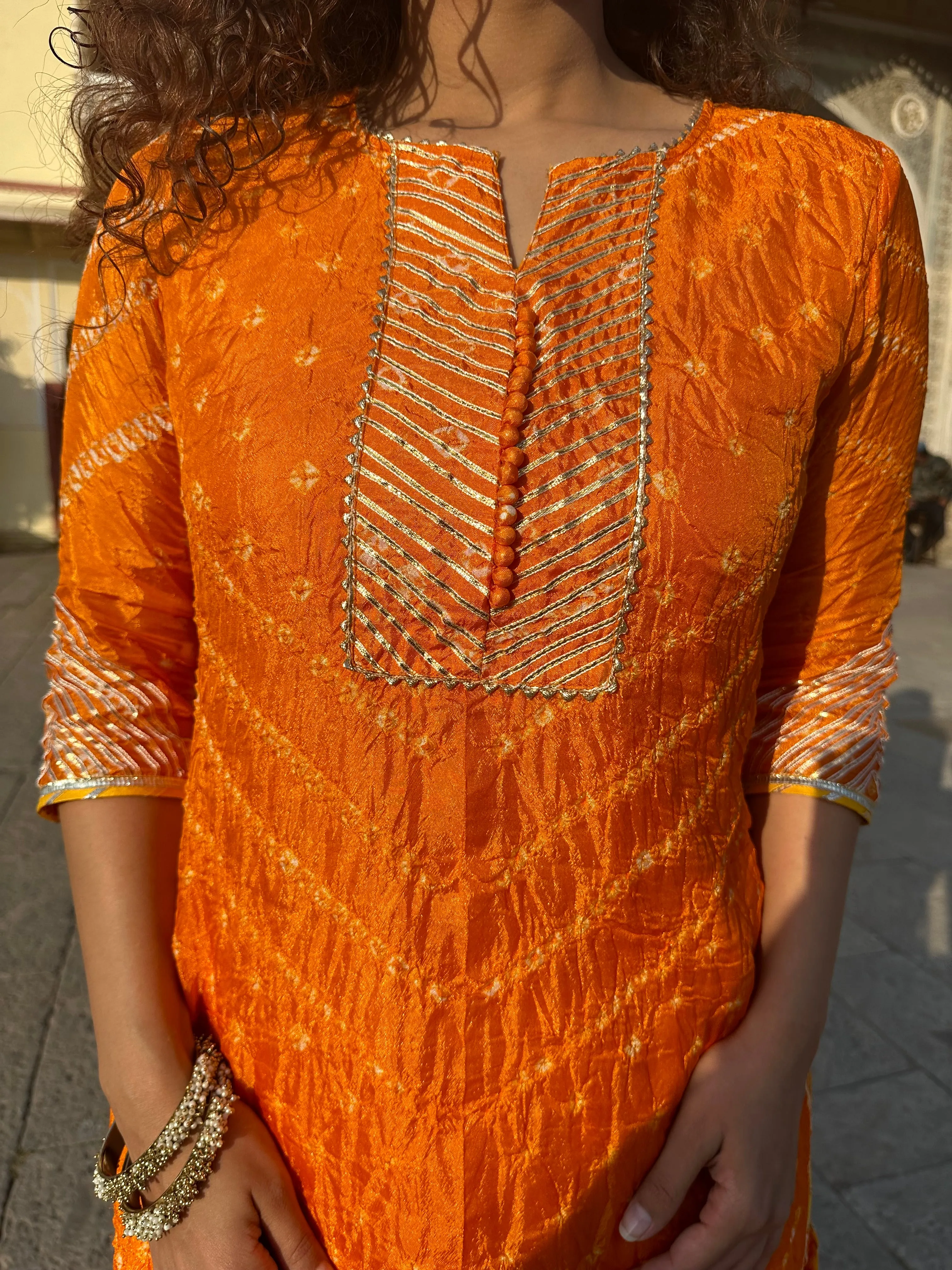 GOTA BANDHEJ MERIGOLD KURTA AND TULIP PANT