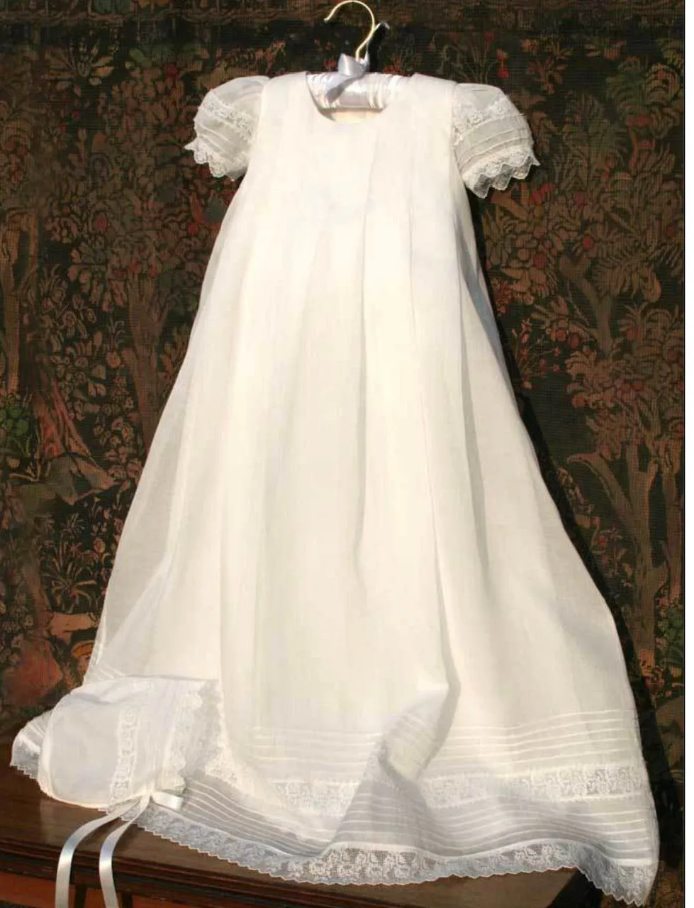 Gracious Christening Gown in Pleated Organdy & Bonnet