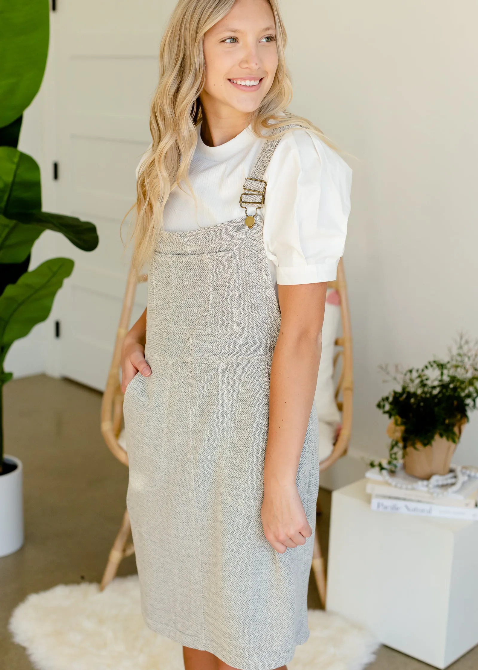 Gray Textured Knit Overall Dress