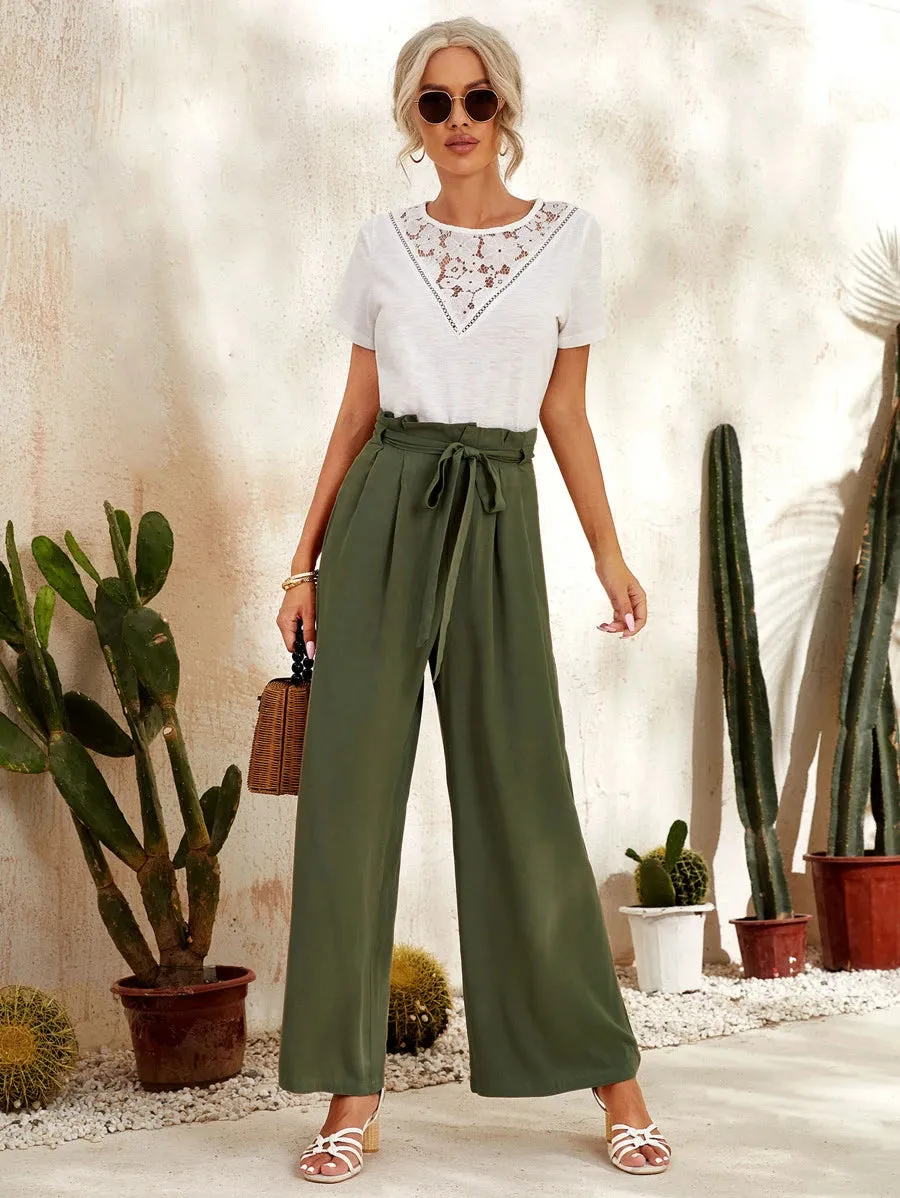 Green Casual High Rise Paperbag Waist Wide Leg Pants