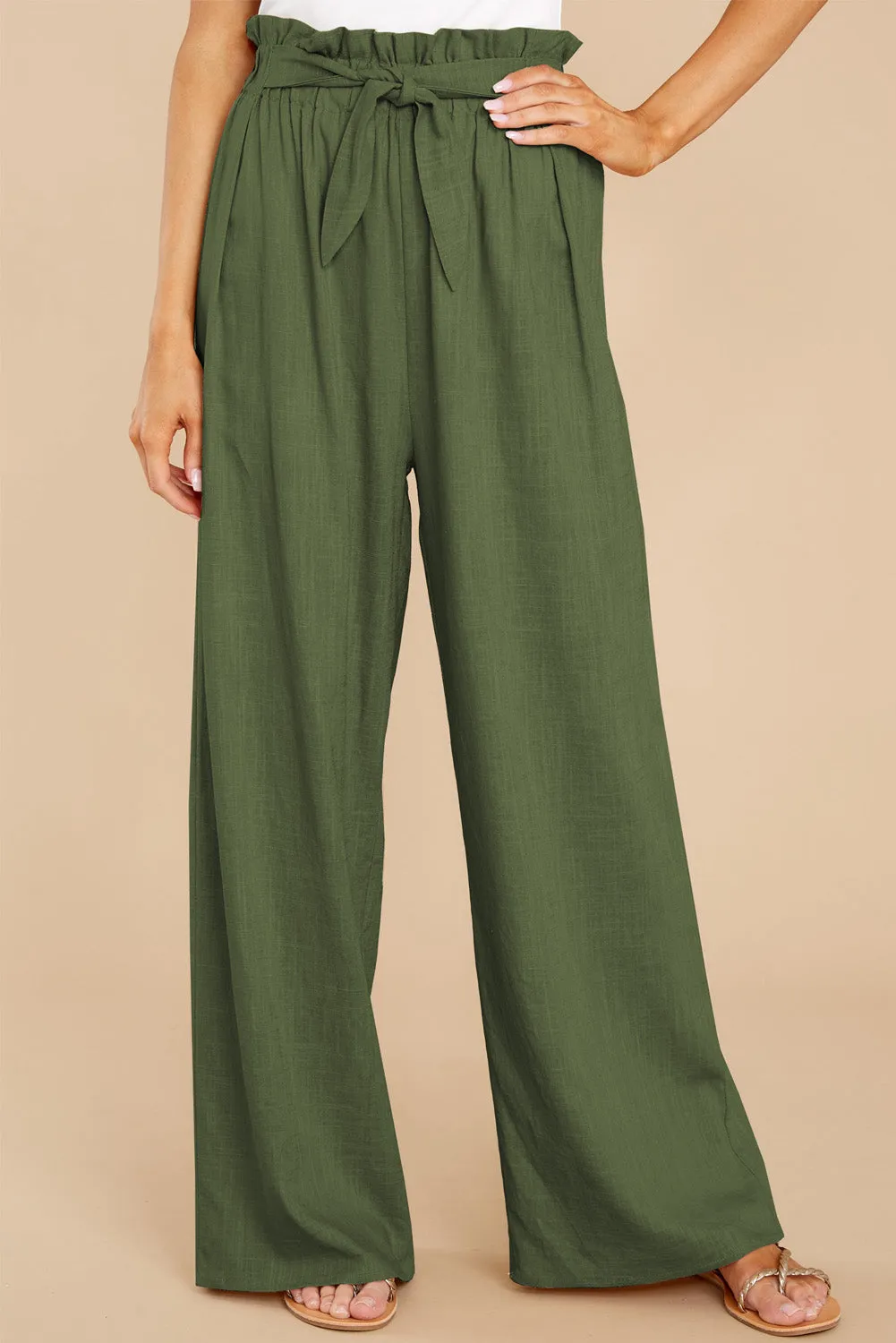 Green Casual High Rise Paperbag Waist Wide Leg Pants