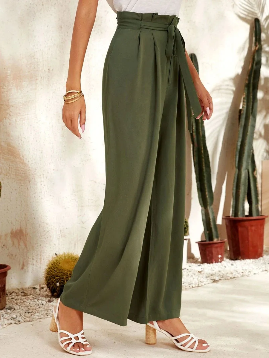 Green Casual High Rise Paperbag Waist Wide Leg Pants