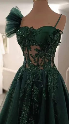 Green Long A-Line Prom Dress, Spaghetti Straps Evening Dress    fg6998