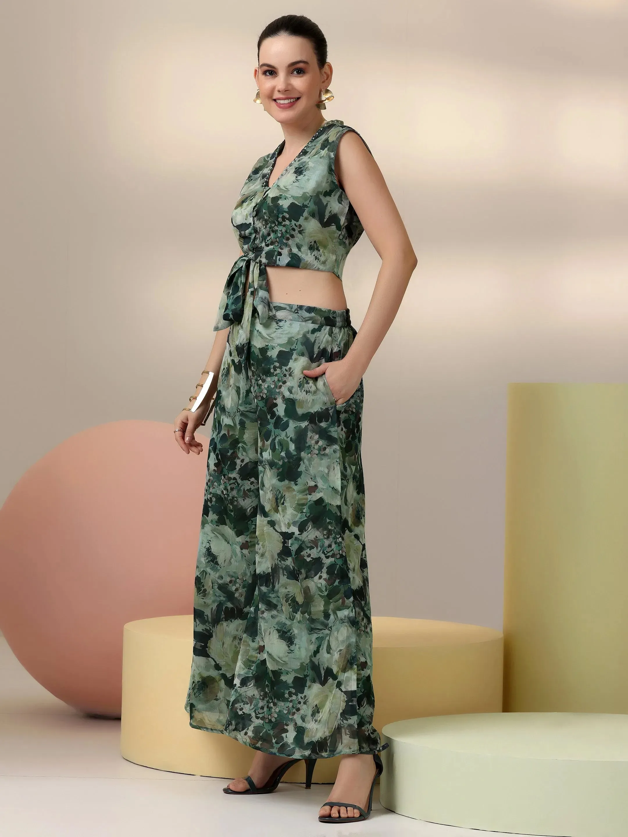 Green Printed Polyester 3 Piece Co-Ords