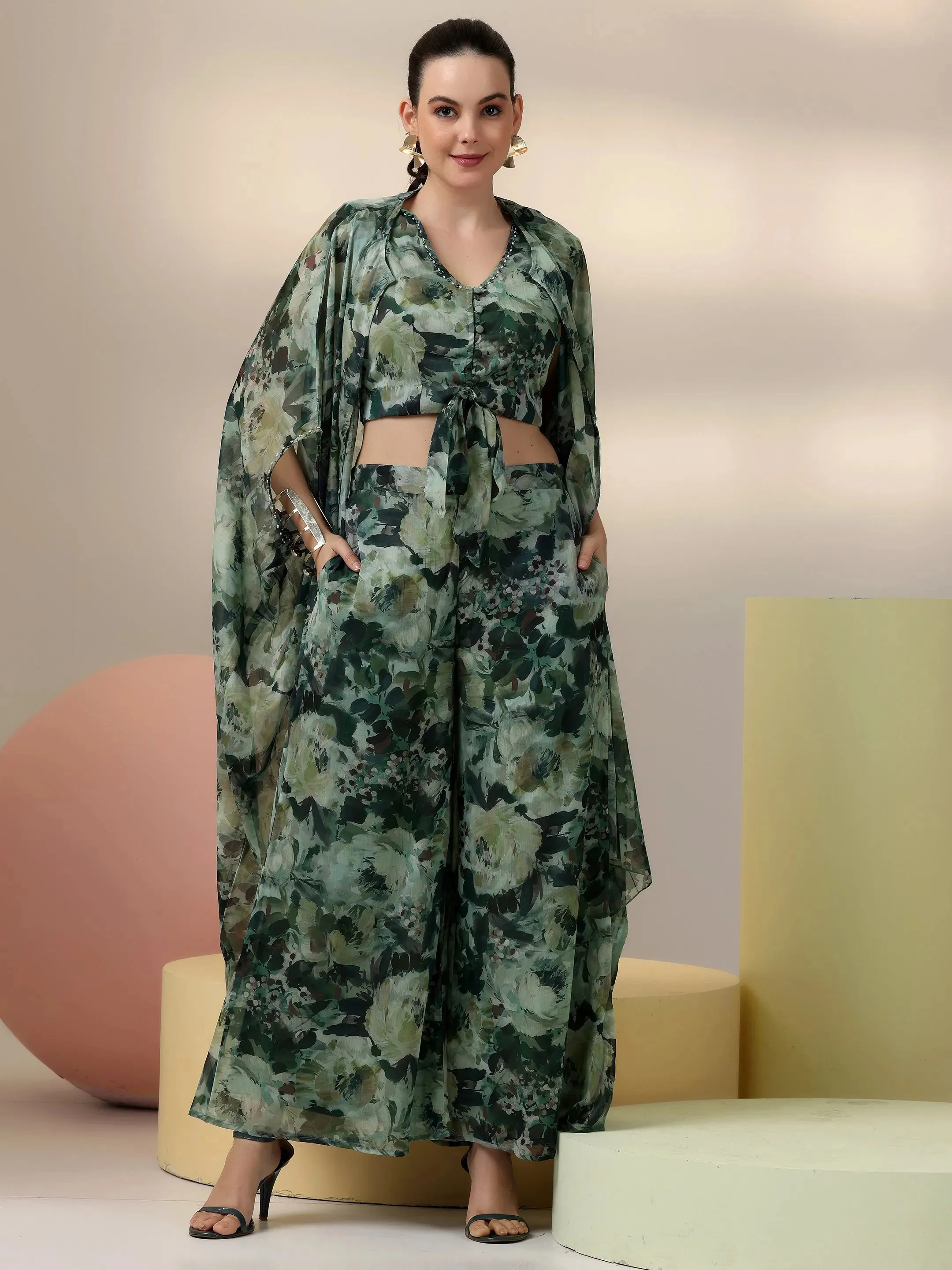 Green Printed Polyester 3 Piece Co-Ords