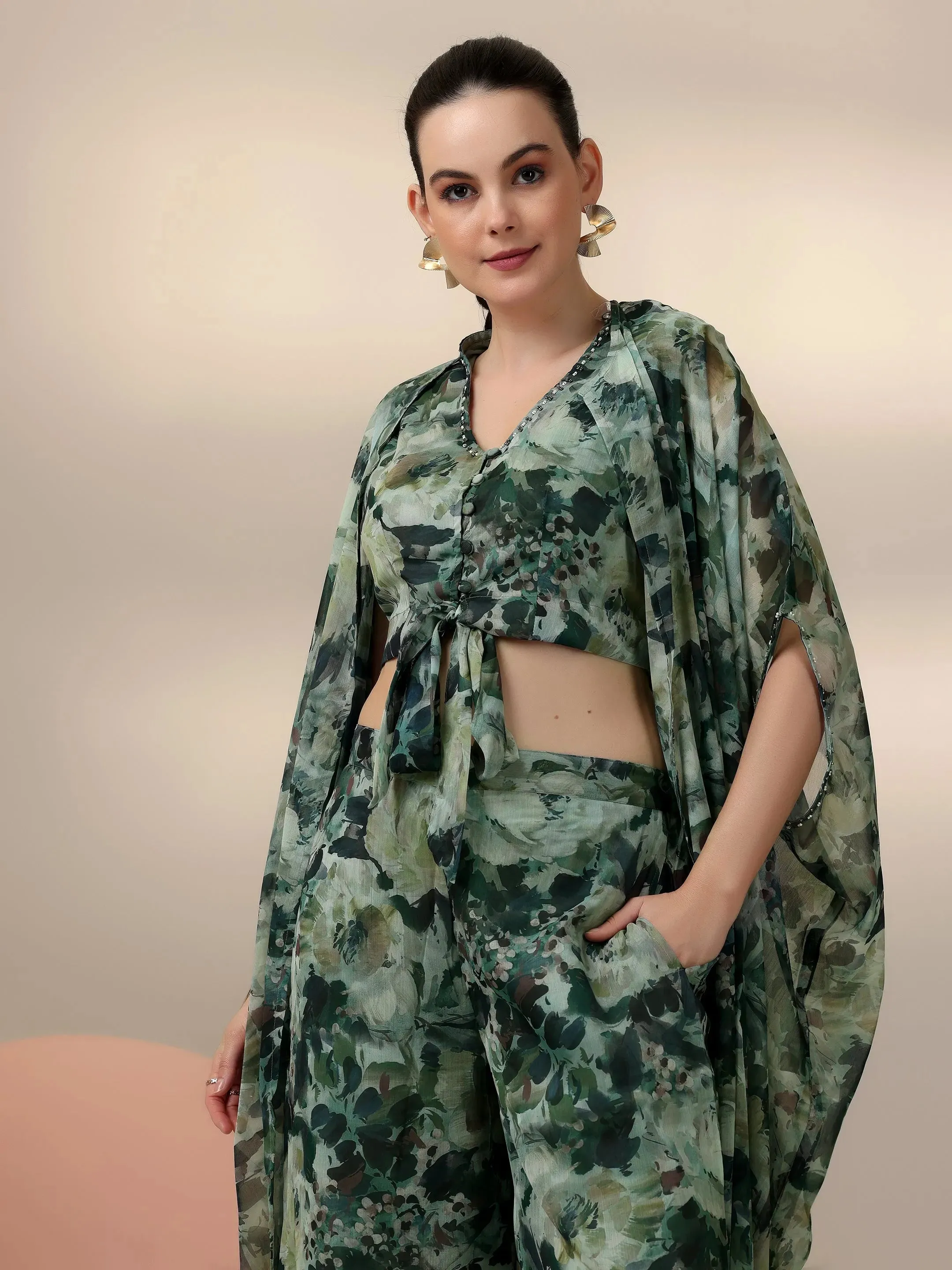 Green Printed Polyester 3 Piece Co-Ords