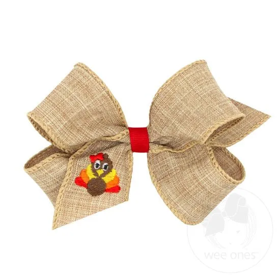 Harvest Linen hair bow with embroidery