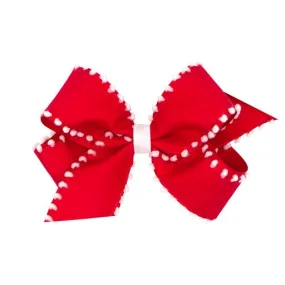 Holiday Style Pom-Pom Edge Grosgrain Overlay Hair Bow