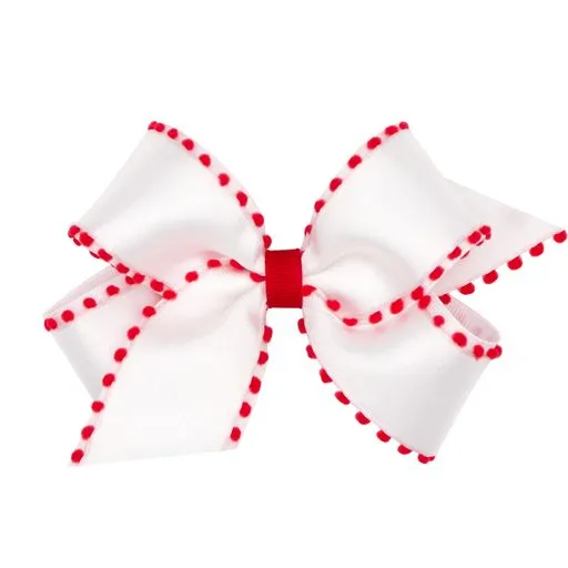 Holiday Style Pom-Pom Edge Grosgrain Overlay Hair Bow