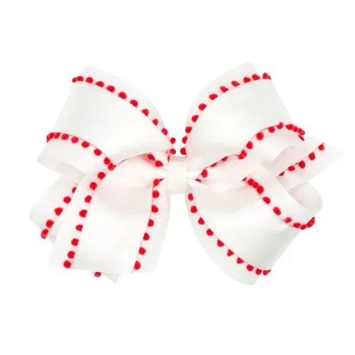 Holiday Style Pom-Pom Edge Grosgrain Overlay Hair Bow