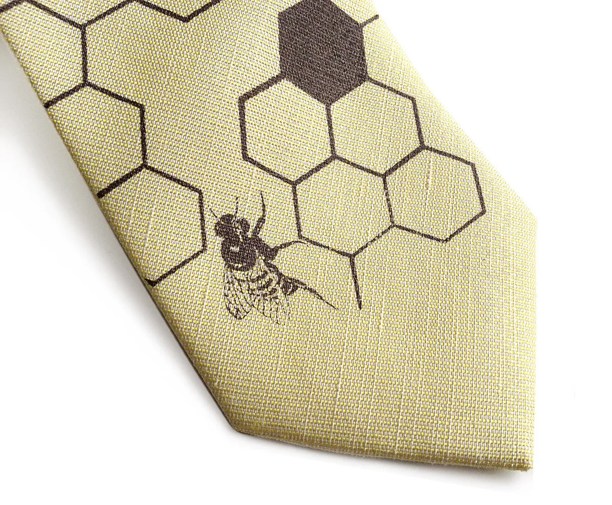 Honey Bee Linen Necktie. Honeycomb Print Tie