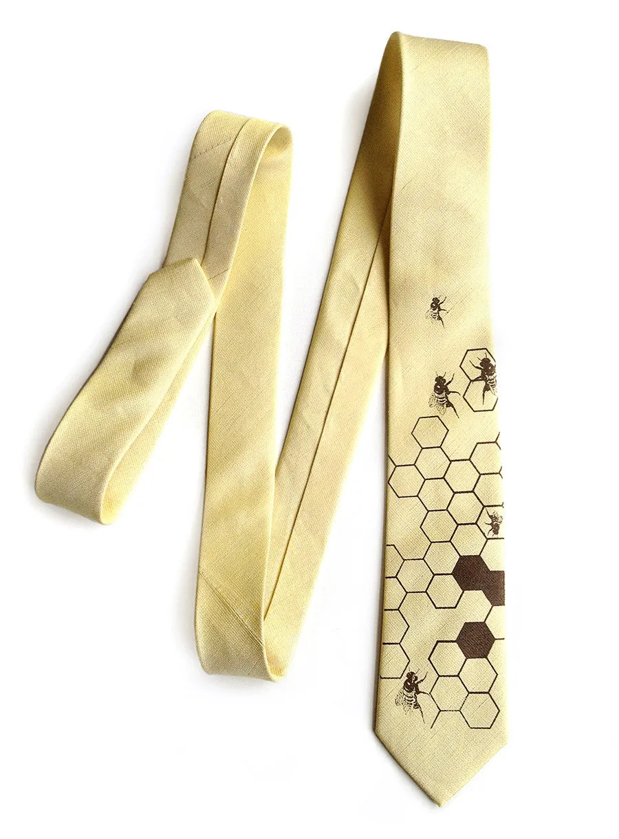 Honey Bee Linen Necktie. Honeycomb Print Tie