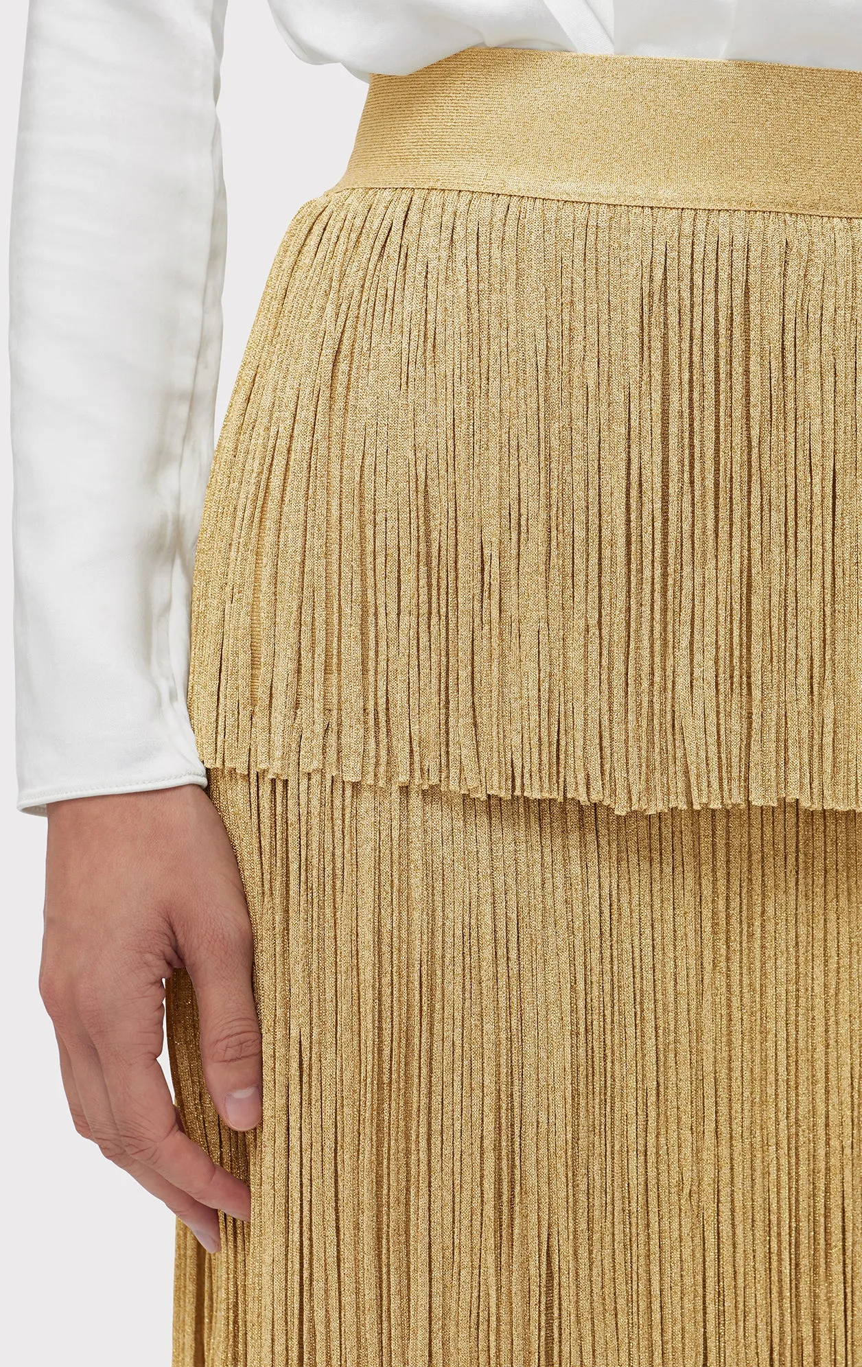 ICON METALLIC LAYERED FRINGE MIDI SKIRT