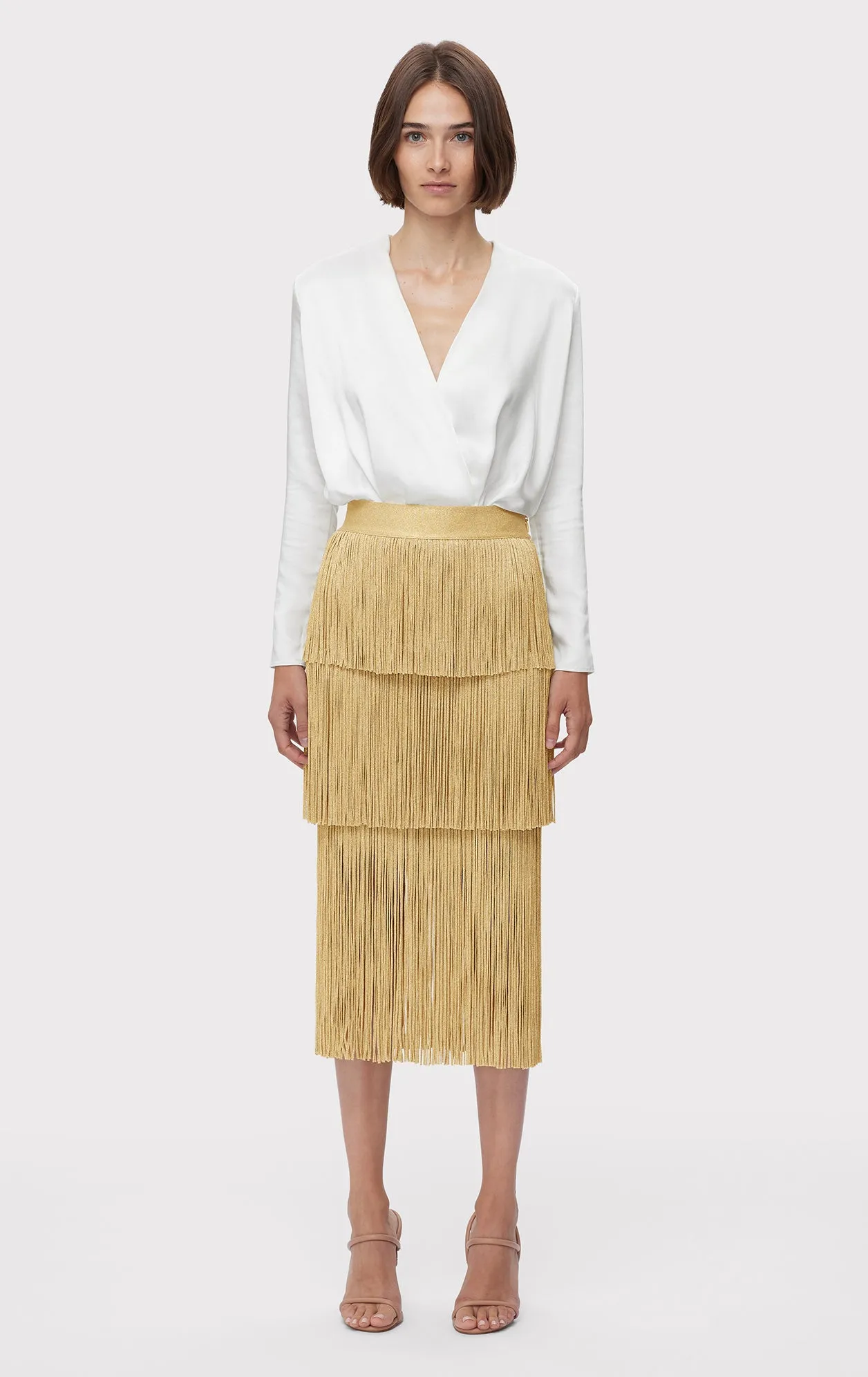 ICON METALLIC LAYERED FRINGE MIDI SKIRT