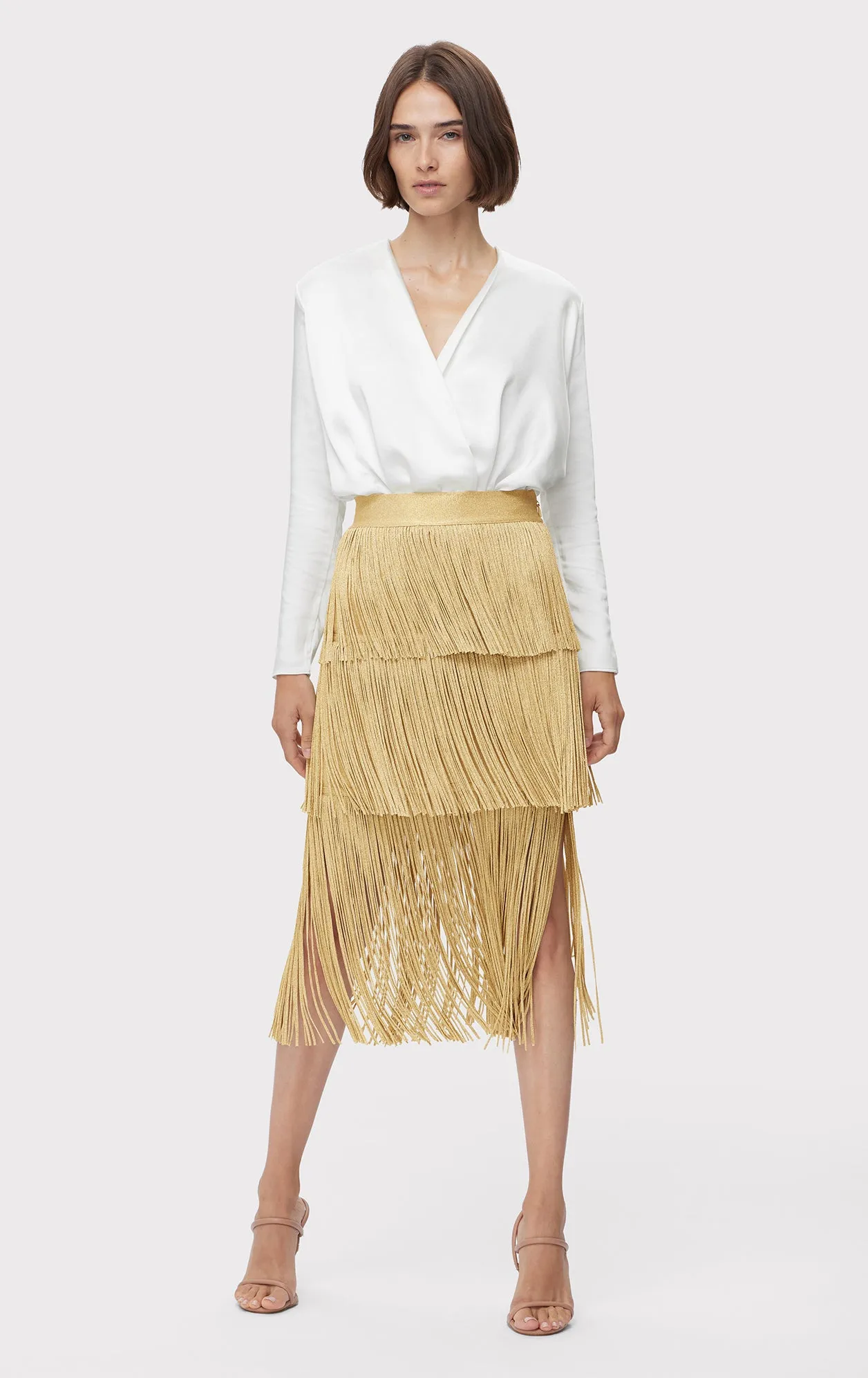 ICON METALLIC LAYERED FRINGE MIDI SKIRT