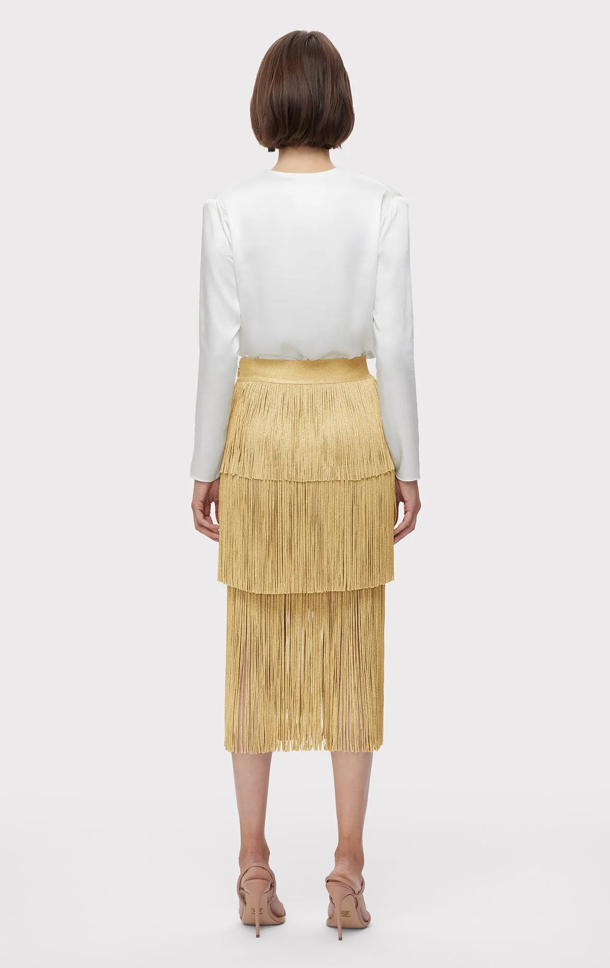 ICON METALLIC LAYERED FRINGE MIDI SKIRT