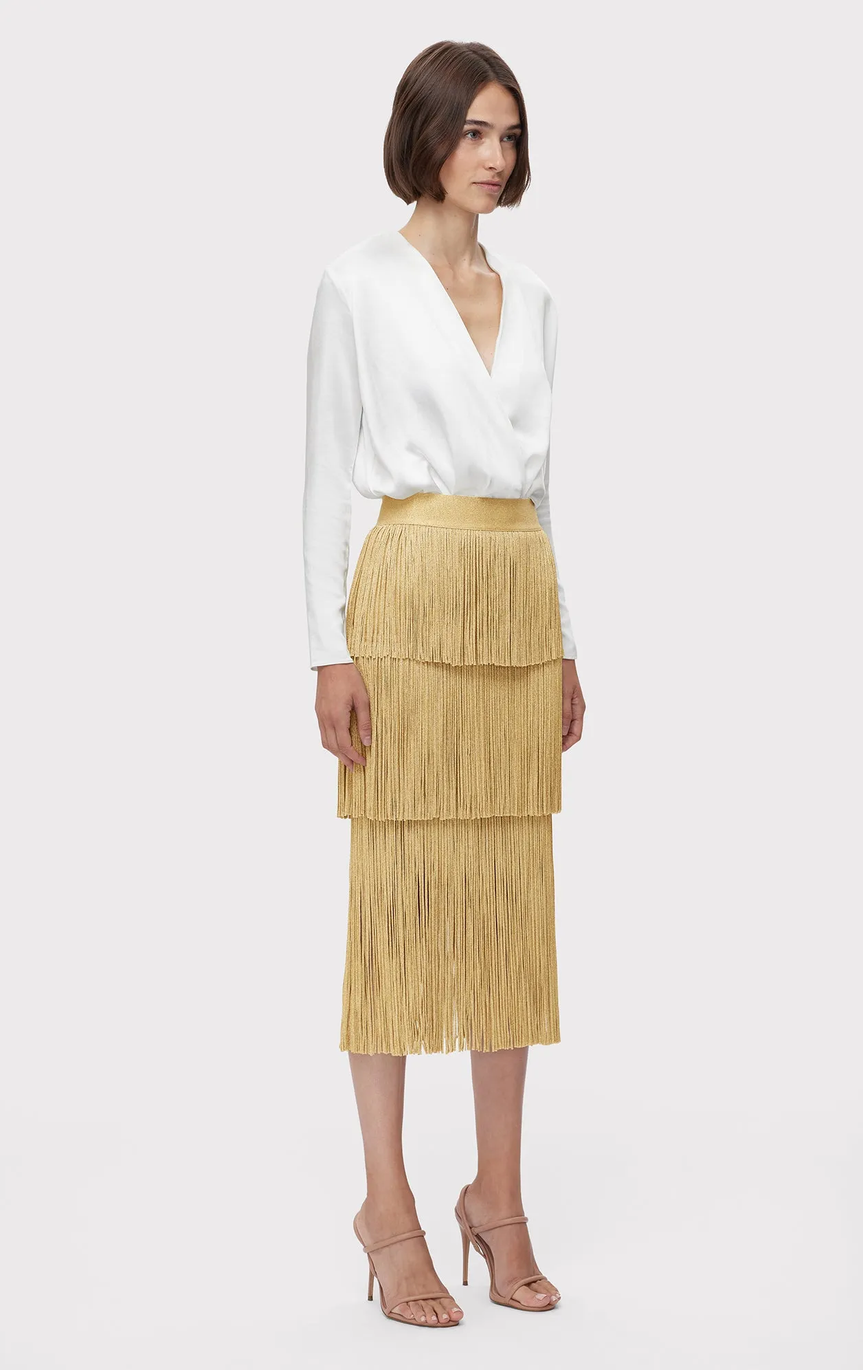 ICON METALLIC LAYERED FRINGE MIDI SKIRT