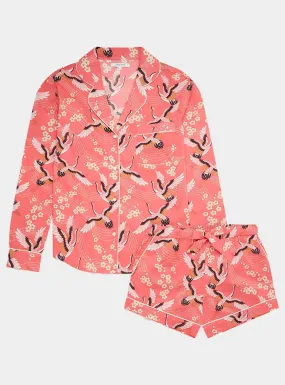 Japanese Crane on Coral Women's Long Sleeve Organic Cotton Pyjama Short Set