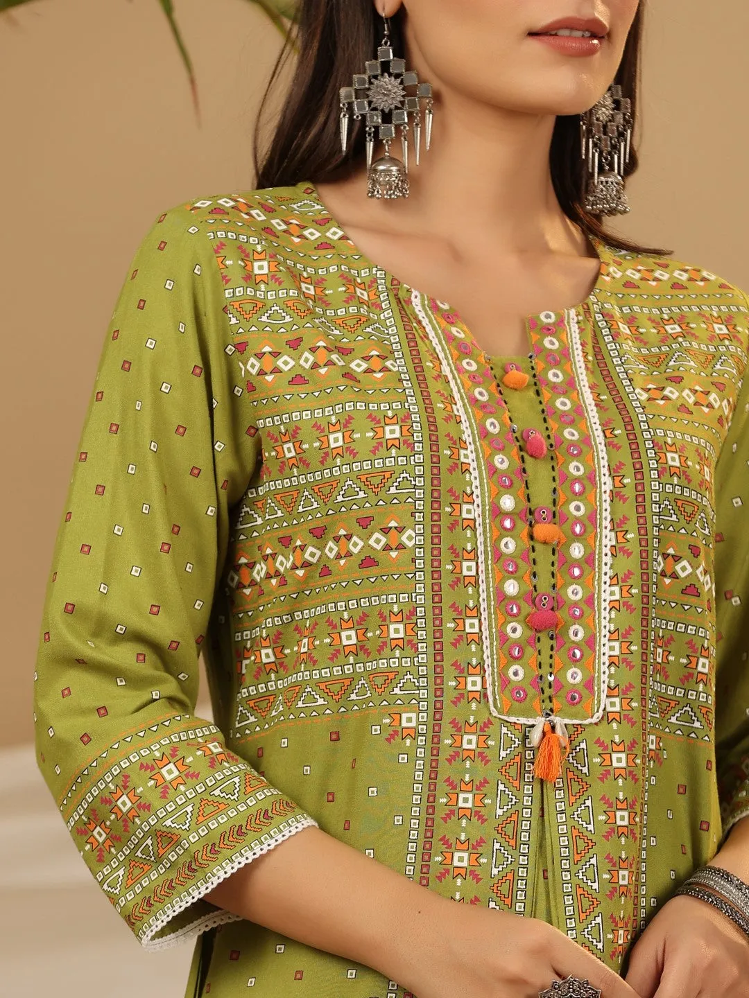 Juniper Green Tribal Printed Rayon Kurta With Lace