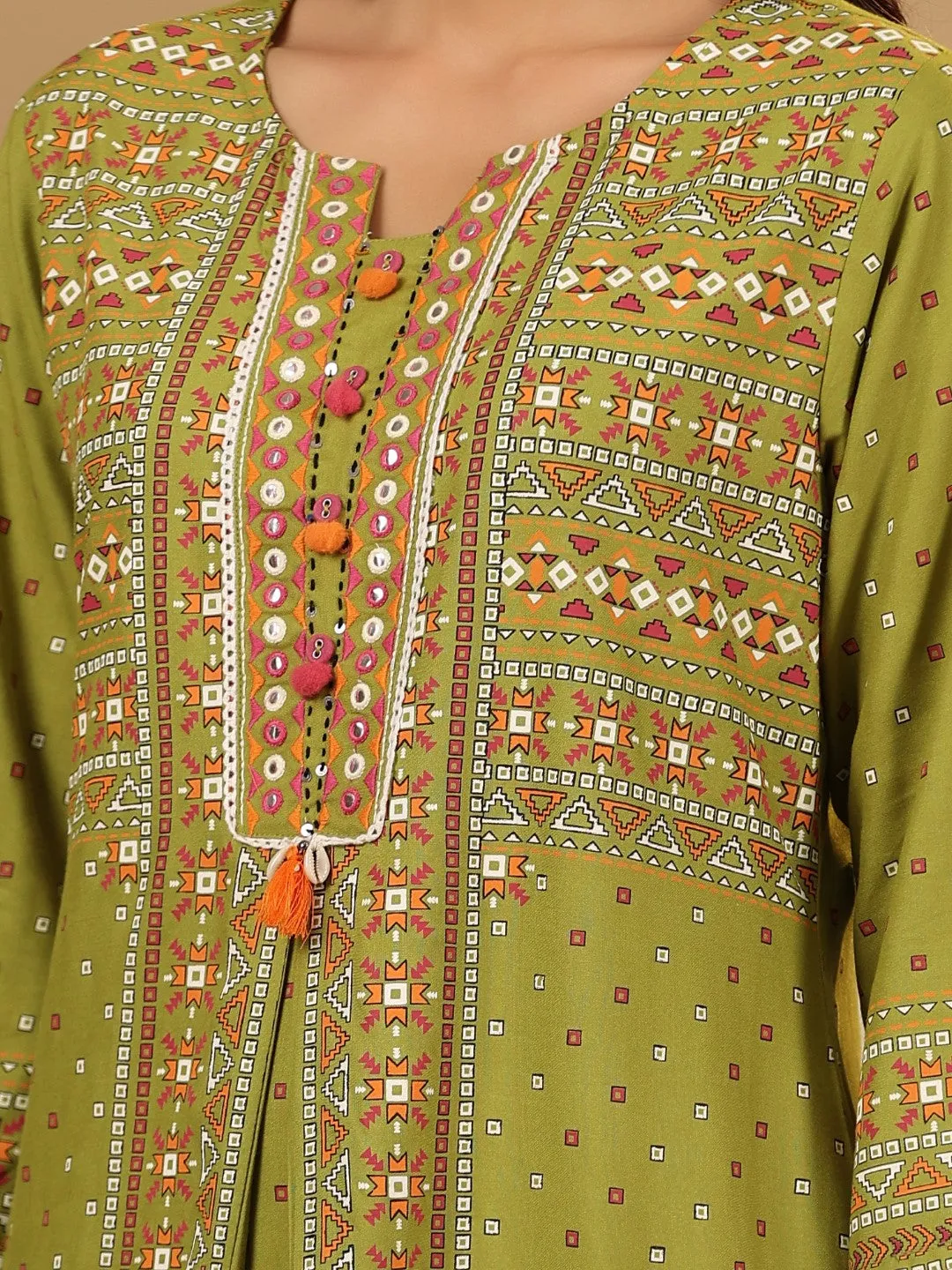 Juniper Green Tribal Printed Rayon Kurta With Lace