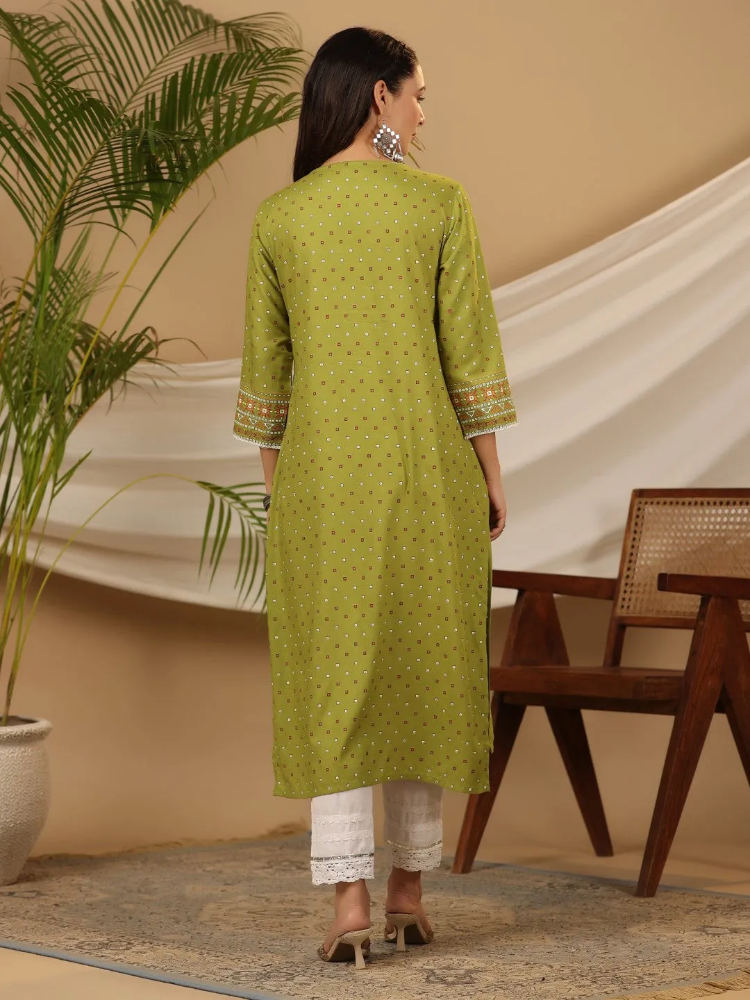 Juniper Green Tribal Printed Rayon Kurta With Lace