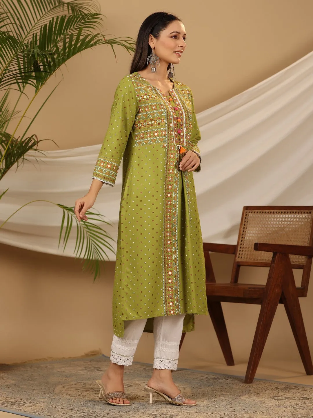 Juniper Green Tribal Printed Rayon Kurta With Lace