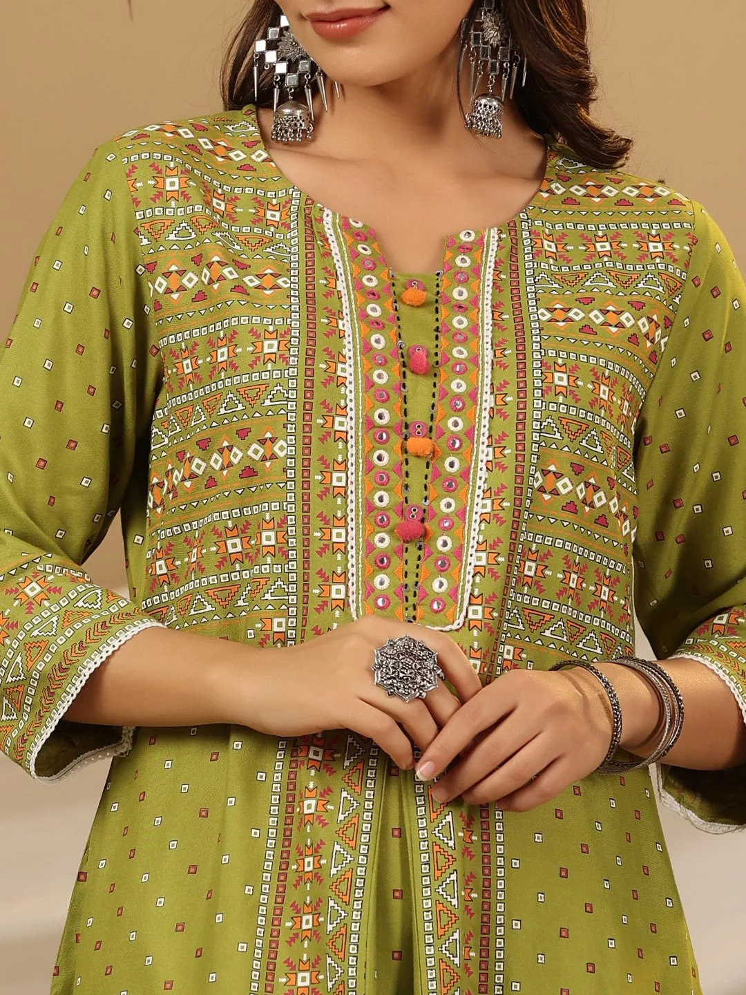 Juniper Green Tribal Printed Rayon Kurta With Lace