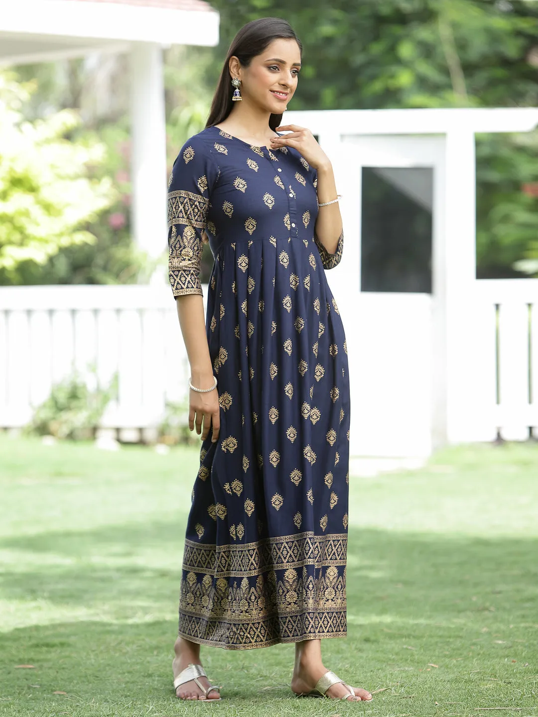 Juniper Indigo Festive Ethnic Motif Printed Rayon Maxi Dress.