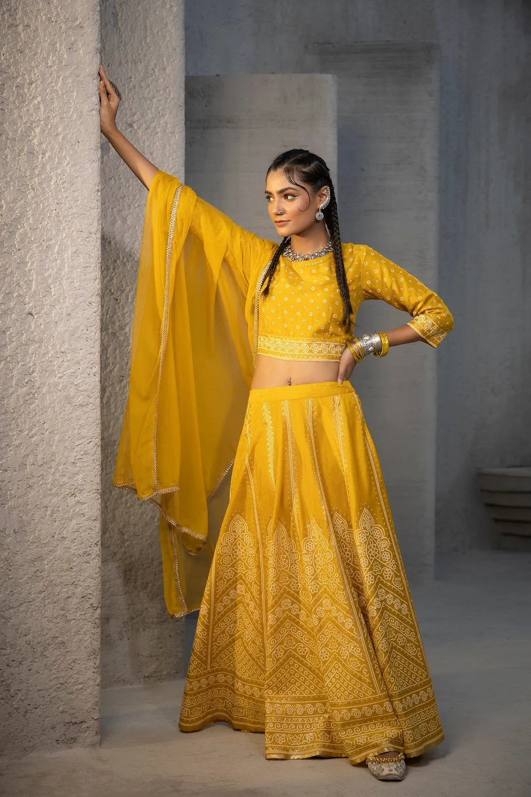 Juniper Mustard Bandhani Printed Shantoon Slub Lehenga Choli & Net Dupatta Set.