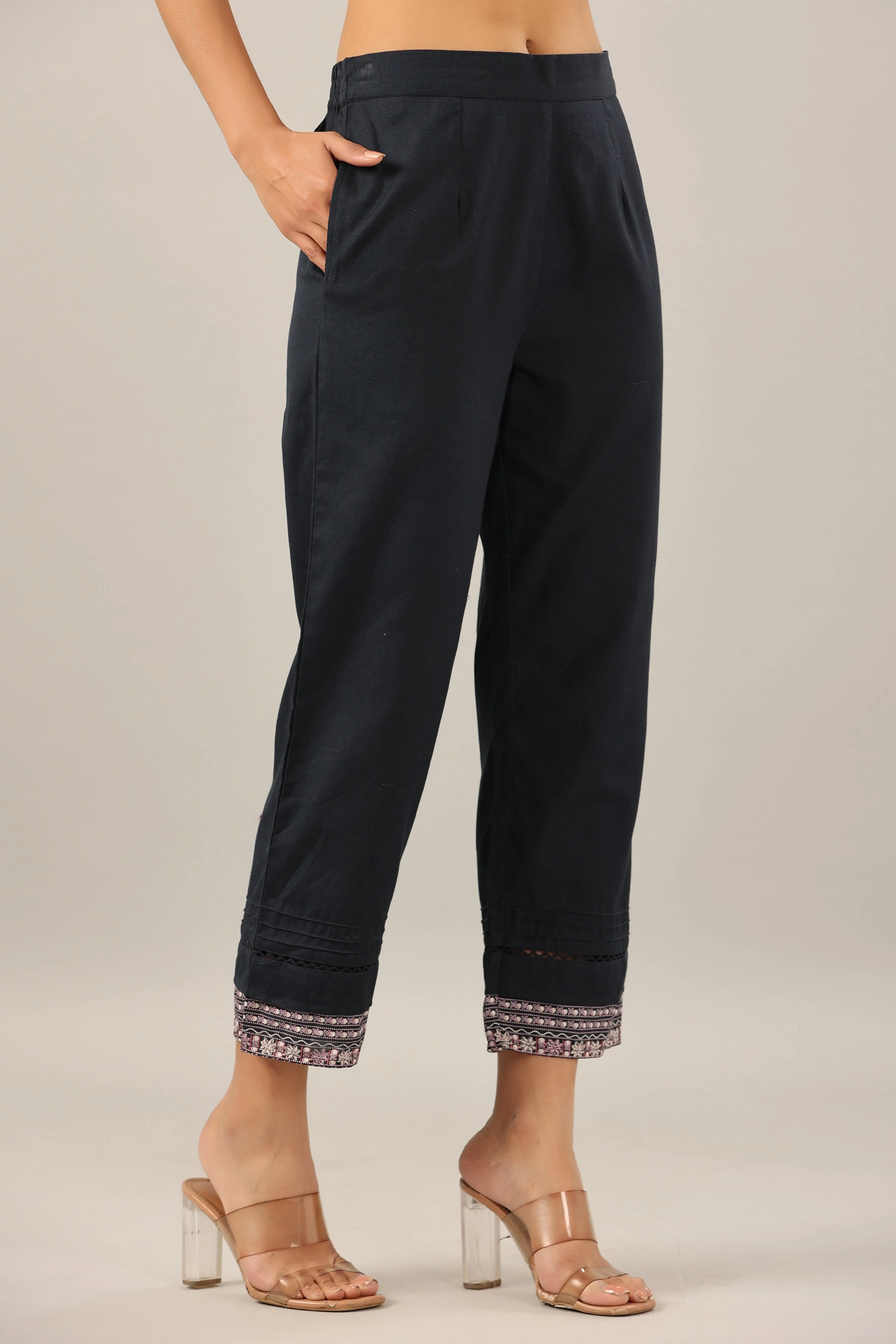 Juniper Navy Blue Solid Cotton Flex Pants With Printed Hem, Pintucks & Lace Work