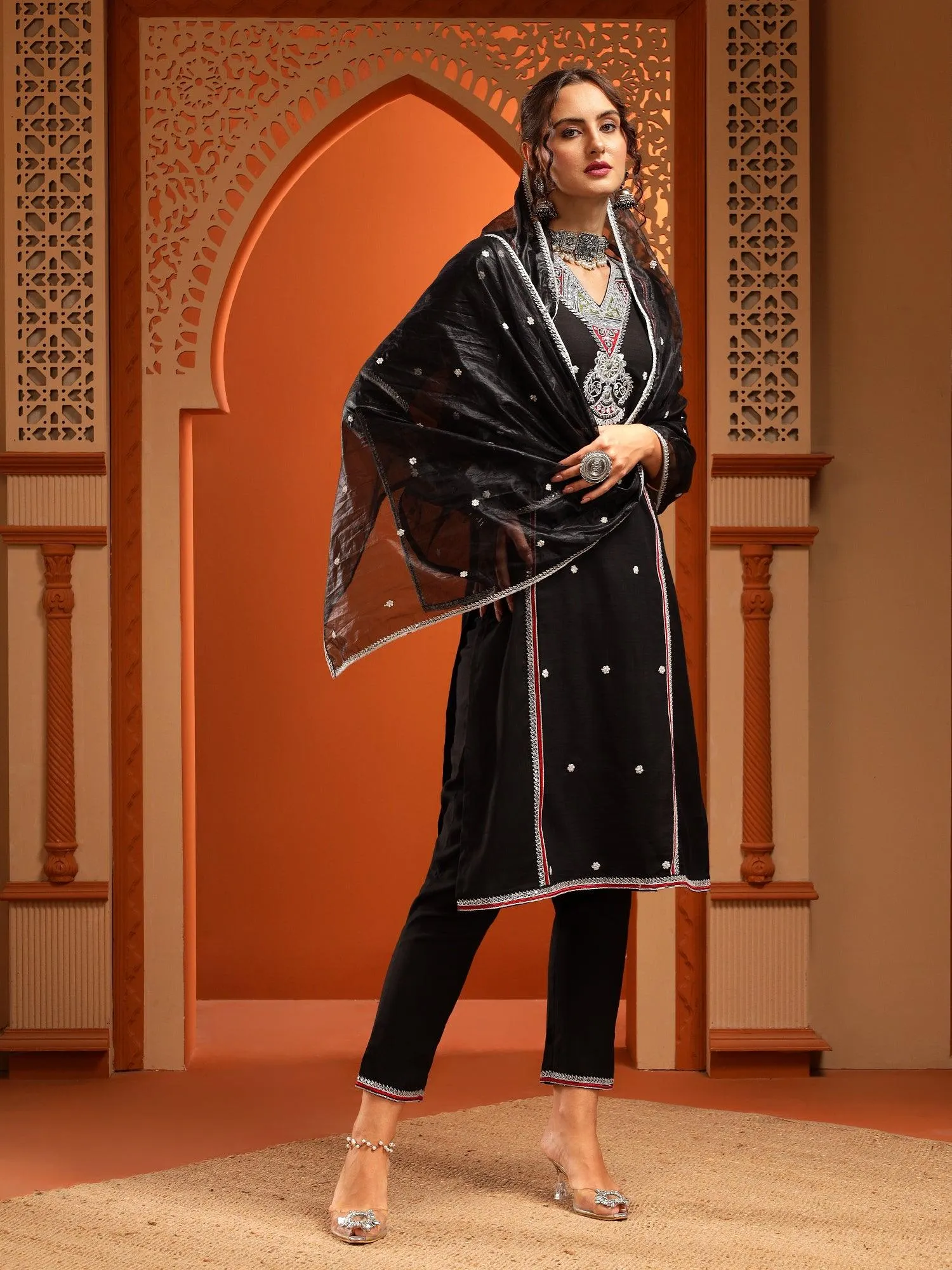 Kesar Muslin Black Embroidered Straight Kurta Set With Dupatta