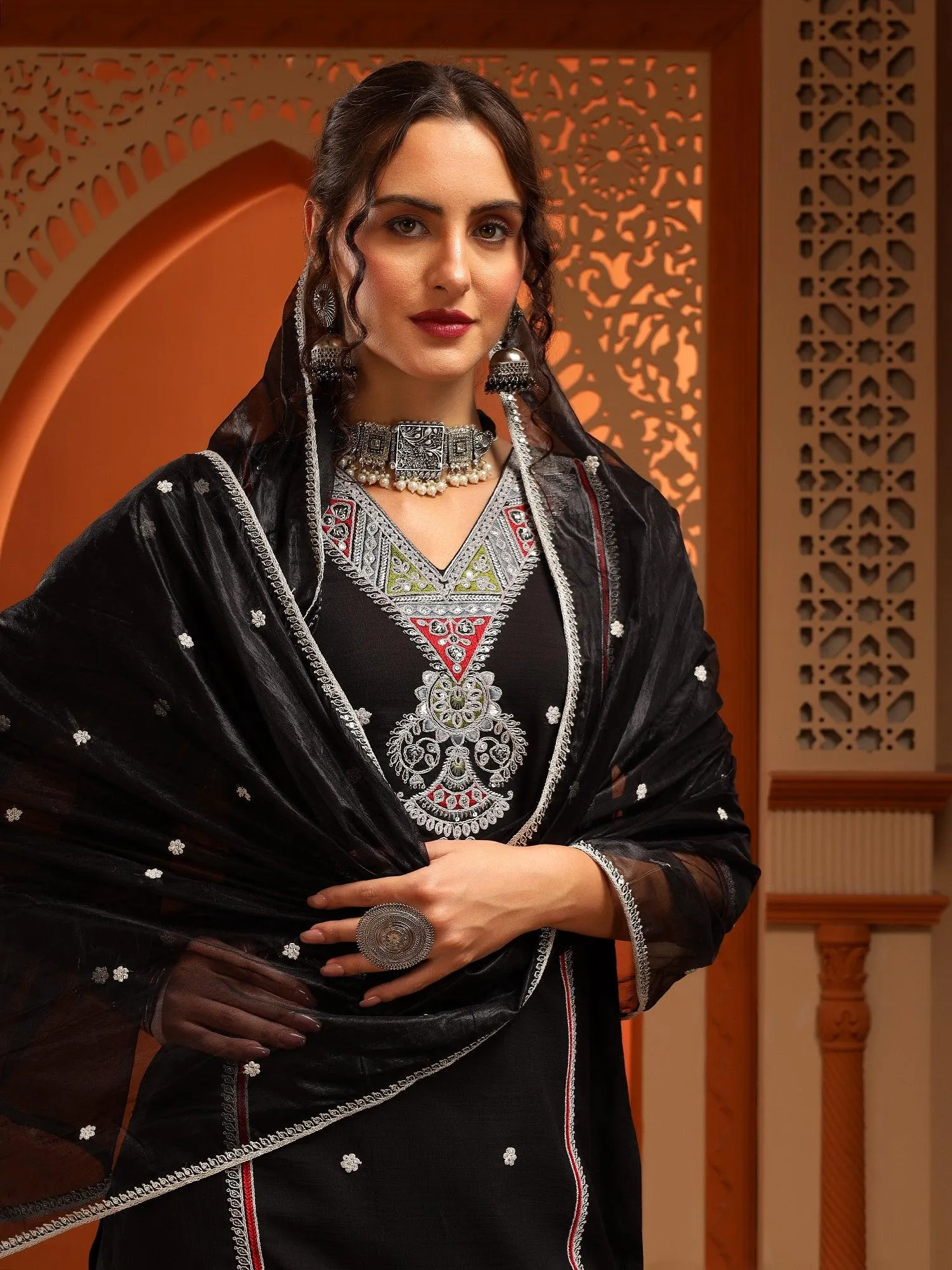 Kesar Muslin Black Embroidered Straight Kurta Set With Dupatta